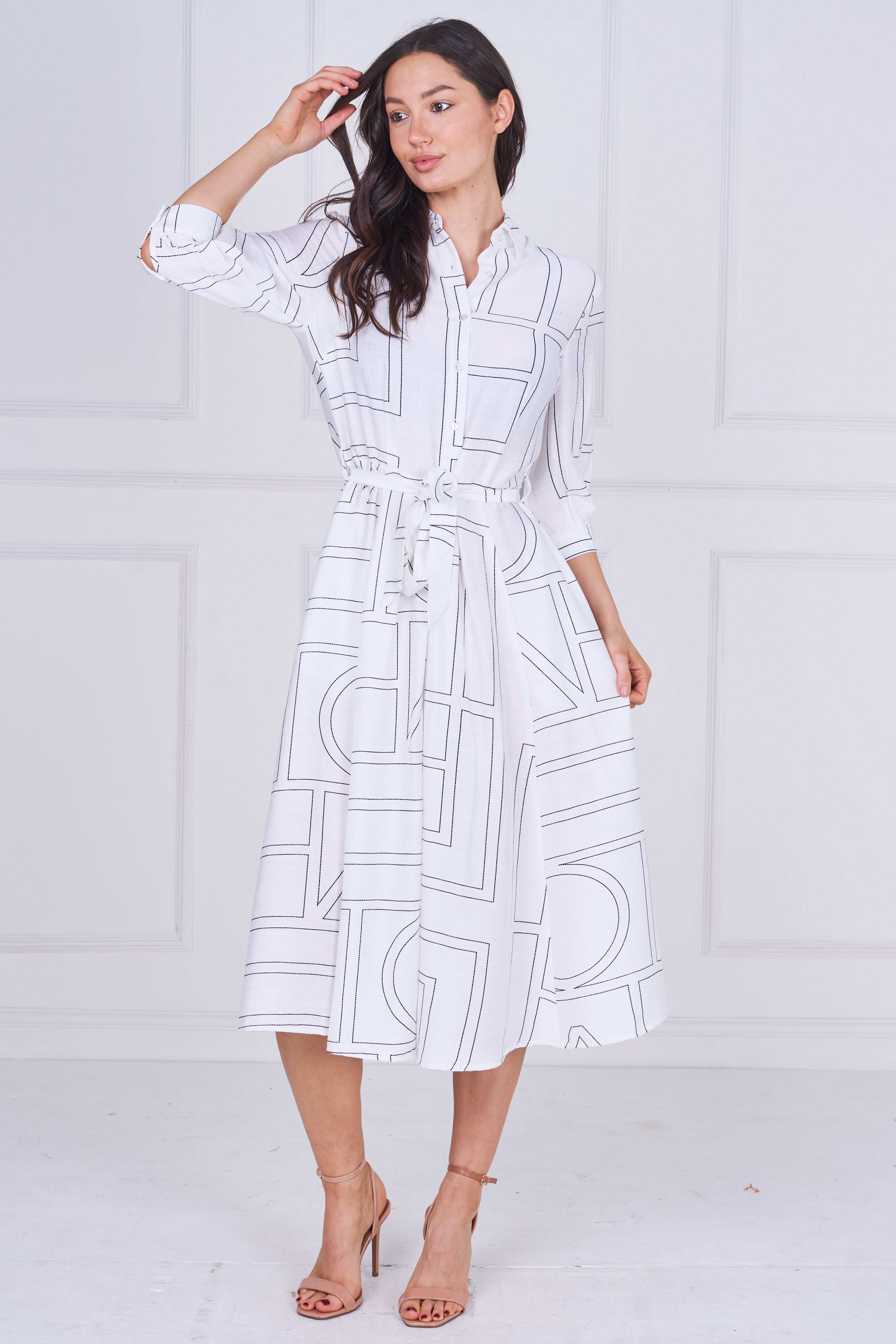 8Pcs White Contemporary Line Print Shirt Dress