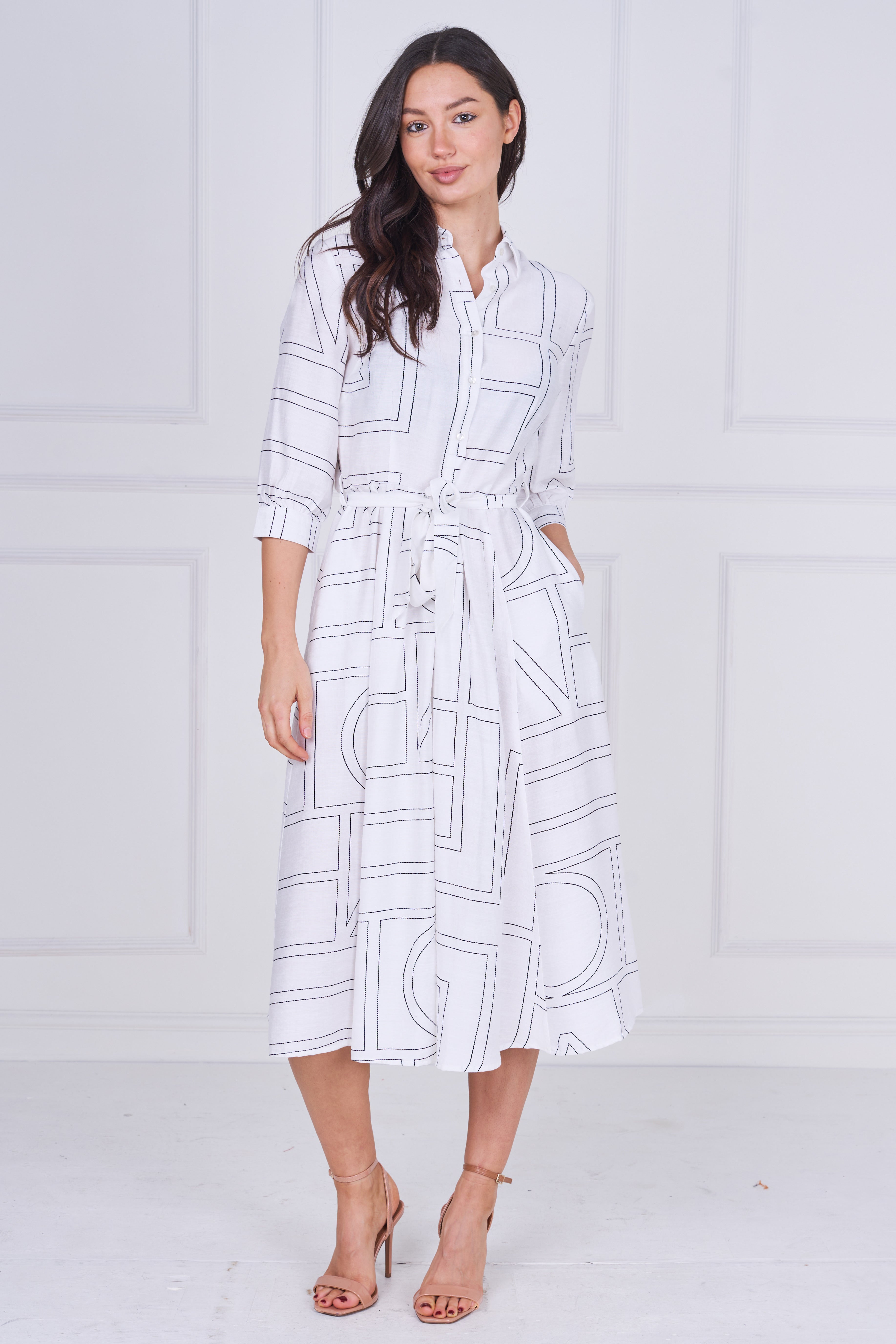 8Pcs White Contemporary Line Print Shirt Dress