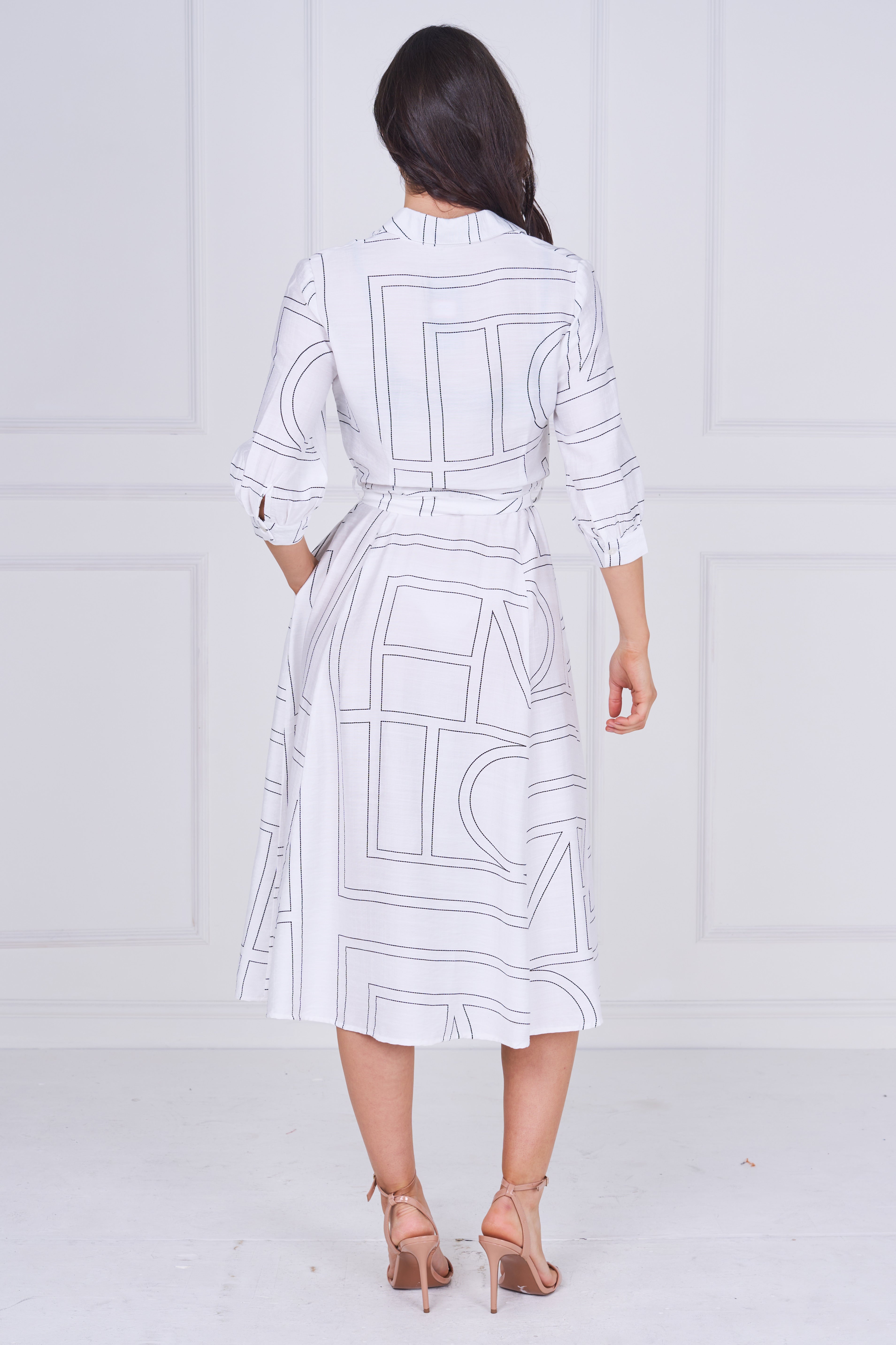 8Pcs White Contemporary Line Print Shirt Dress