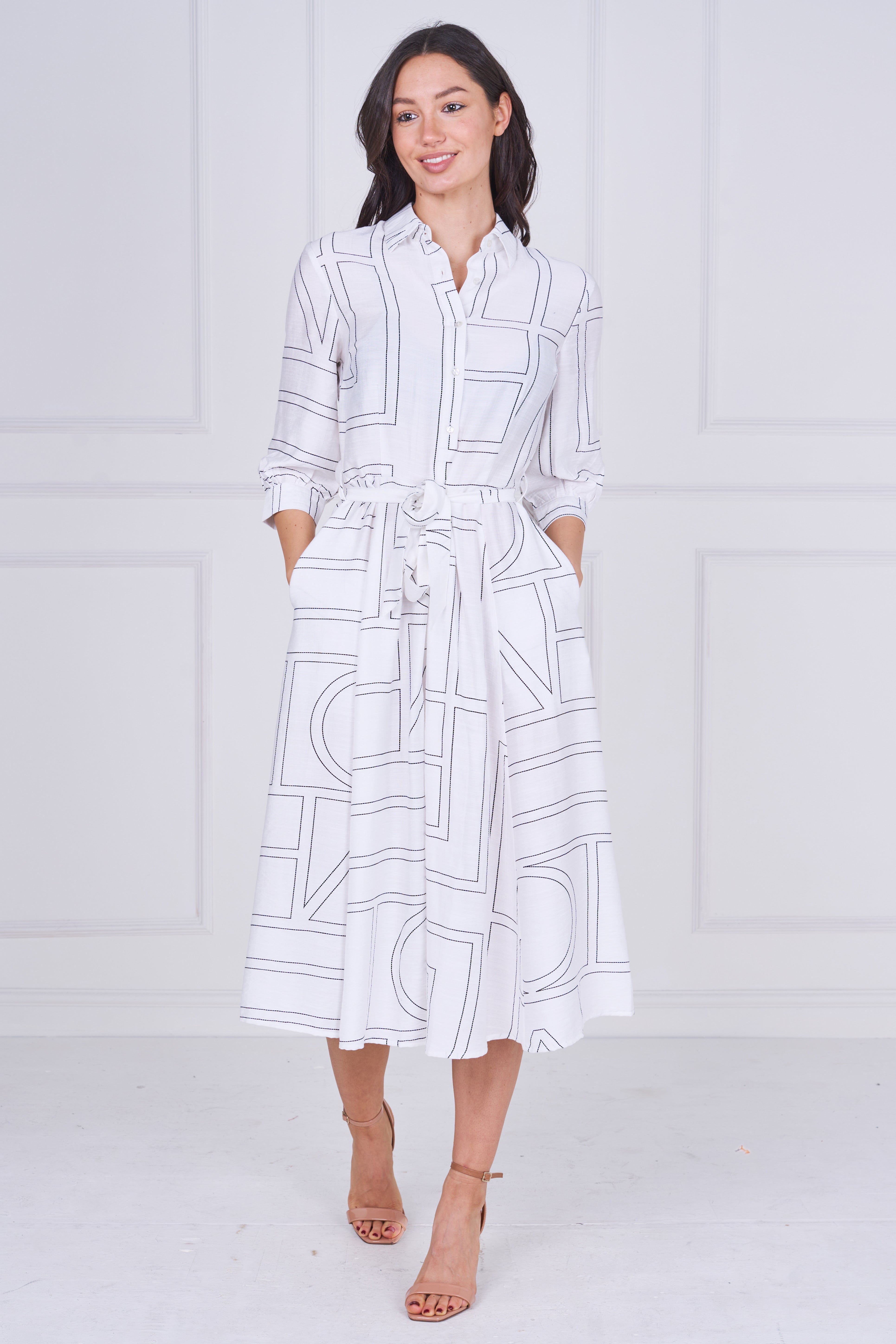 8Pcs White Contemporary Line Print Shirt Dress