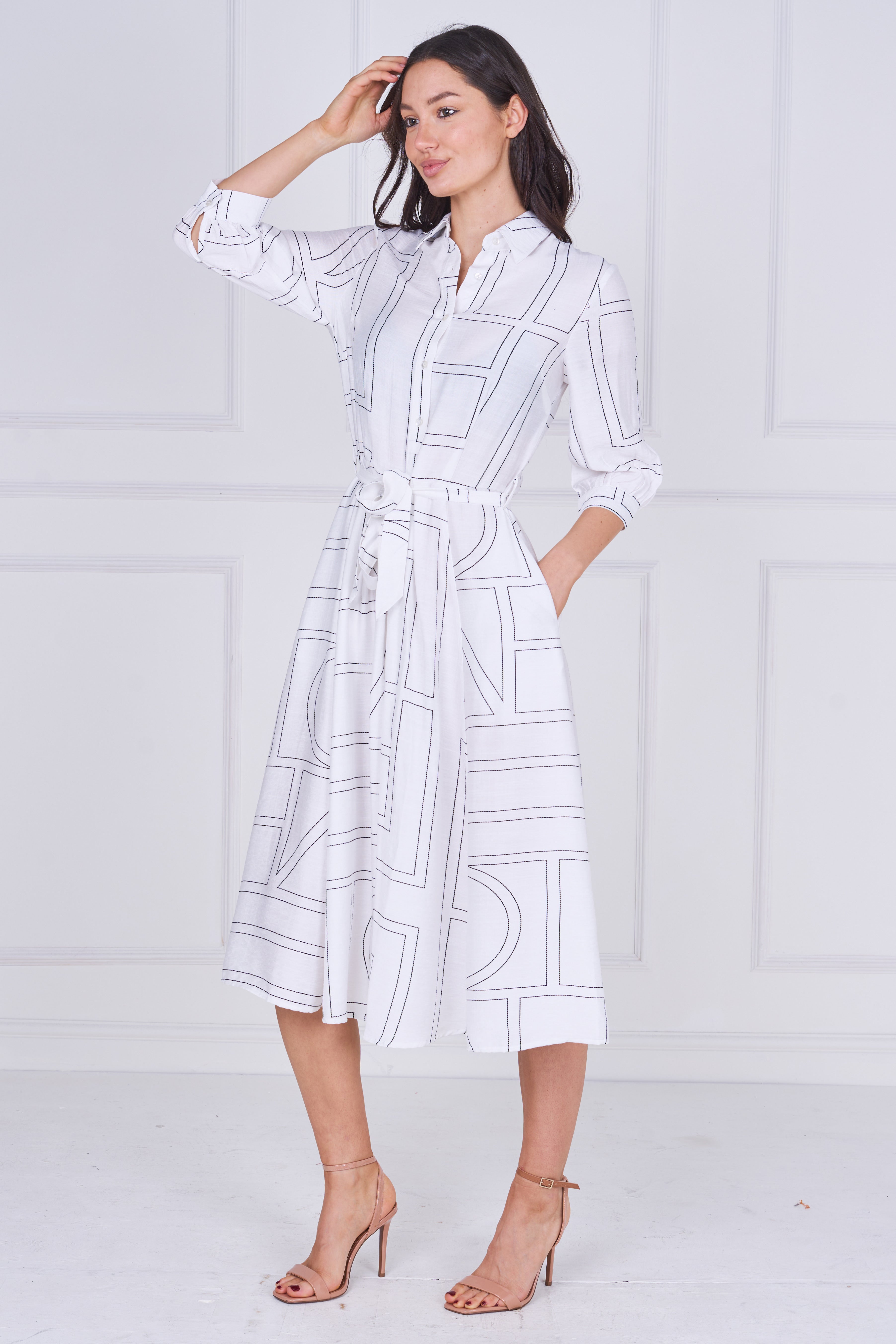 8Pcs White Contemporary Line Print Shirt Dress