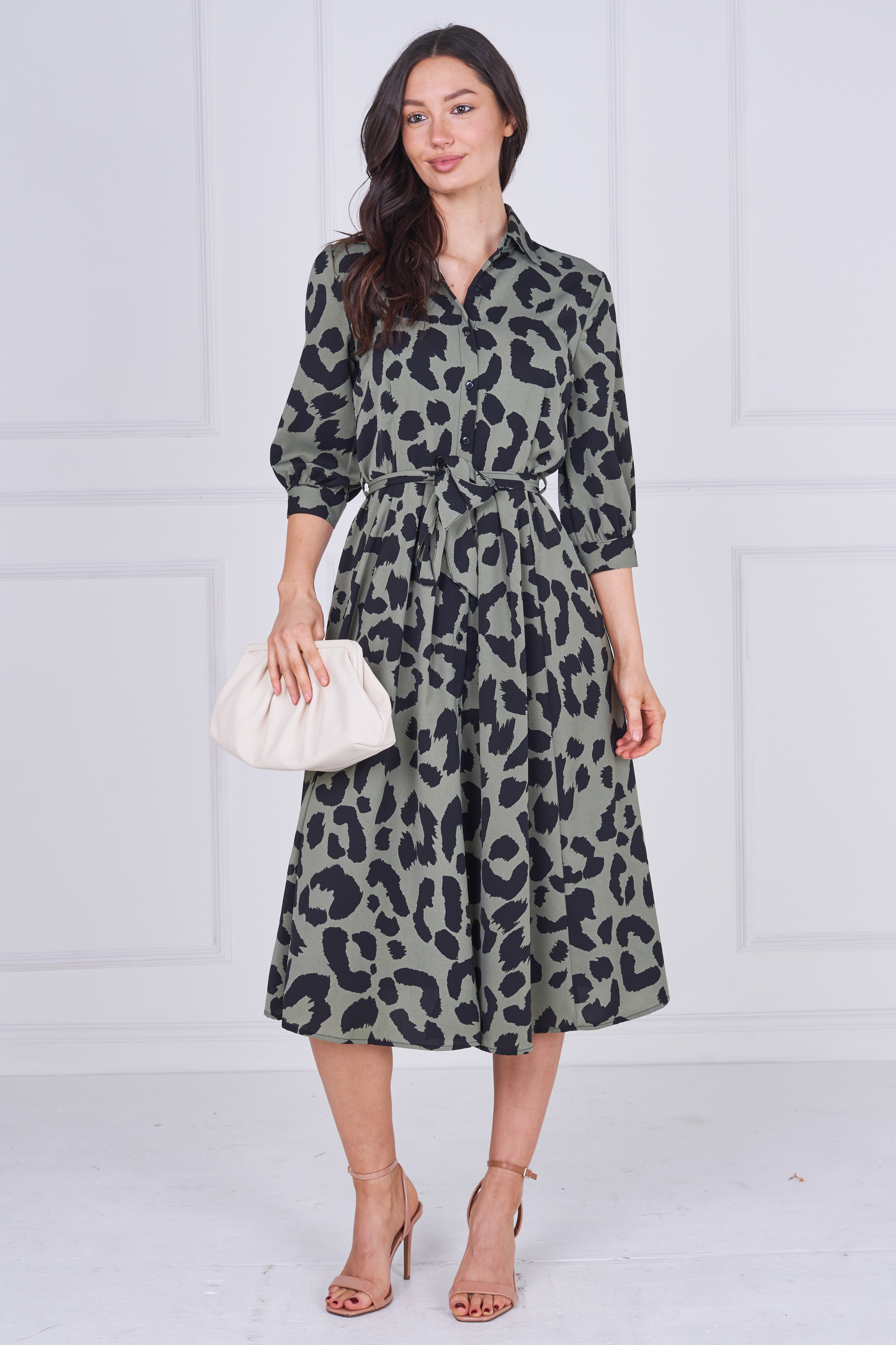 8pcs Khaki Leopard Print Half Sleeve Midi Shirt Dress