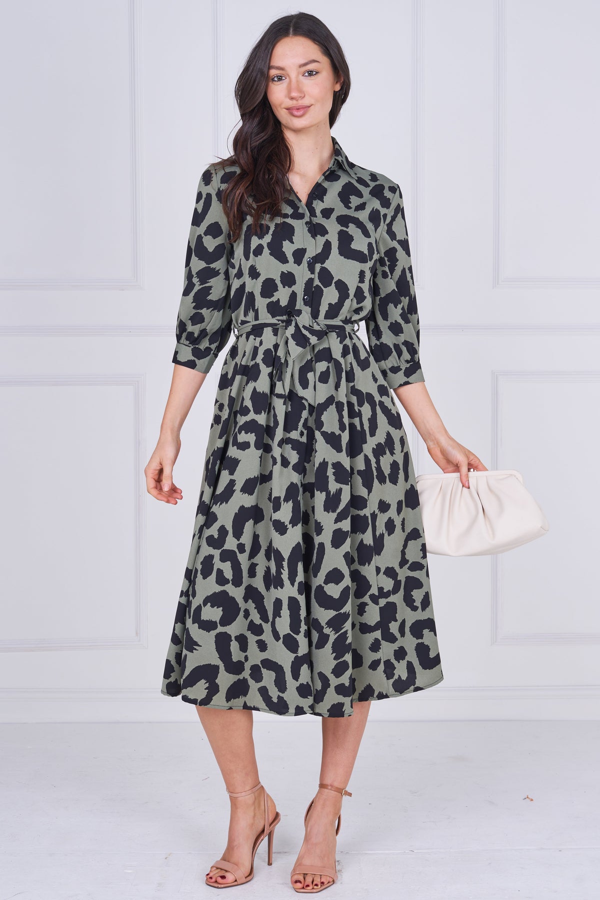 8pcs Khaki Leopard Print Half Sleeve Midi Shirt Dress