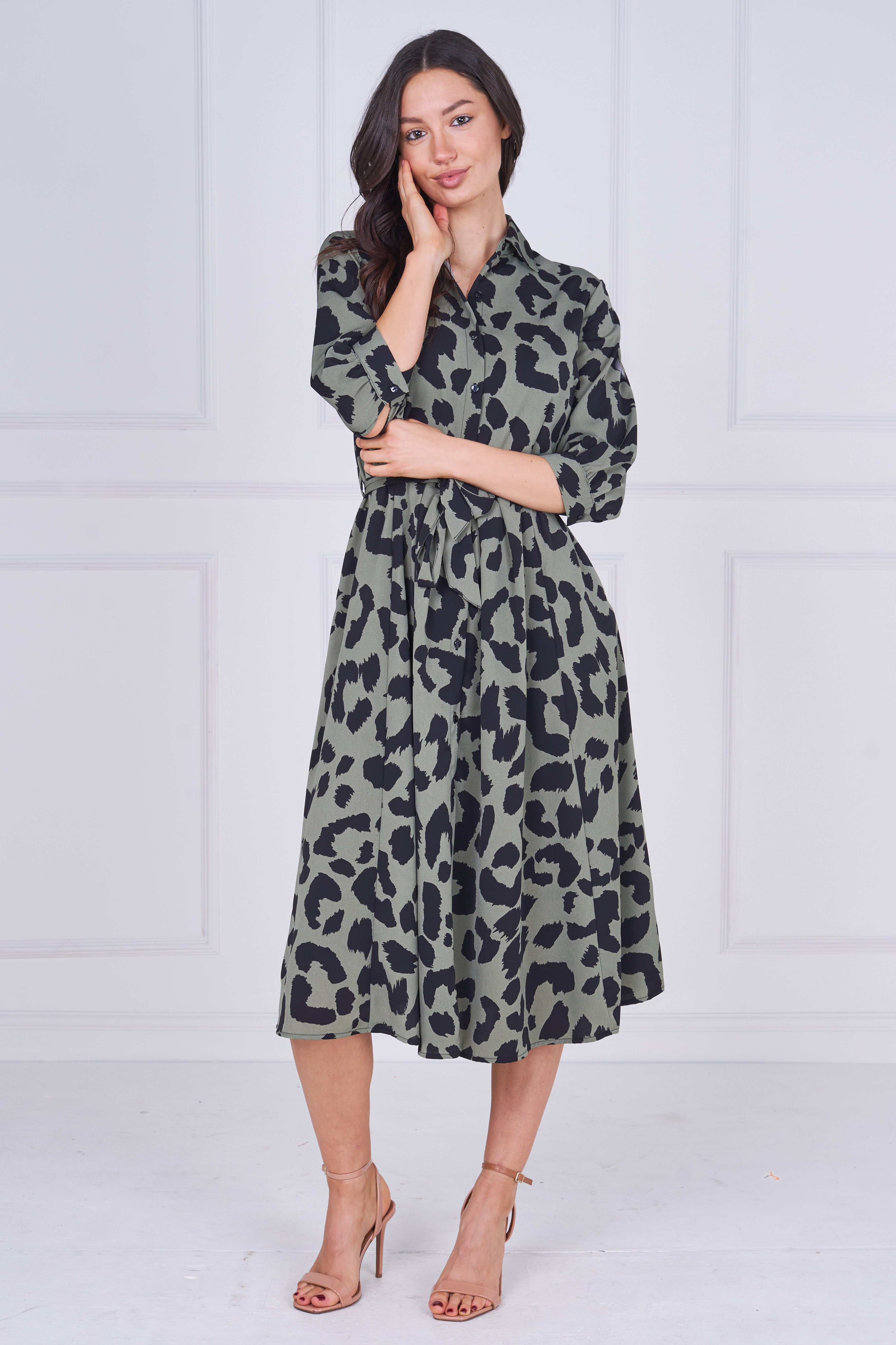 8pcs Khaki Leopard Print Half Sleeve Midi Shirt Dress
