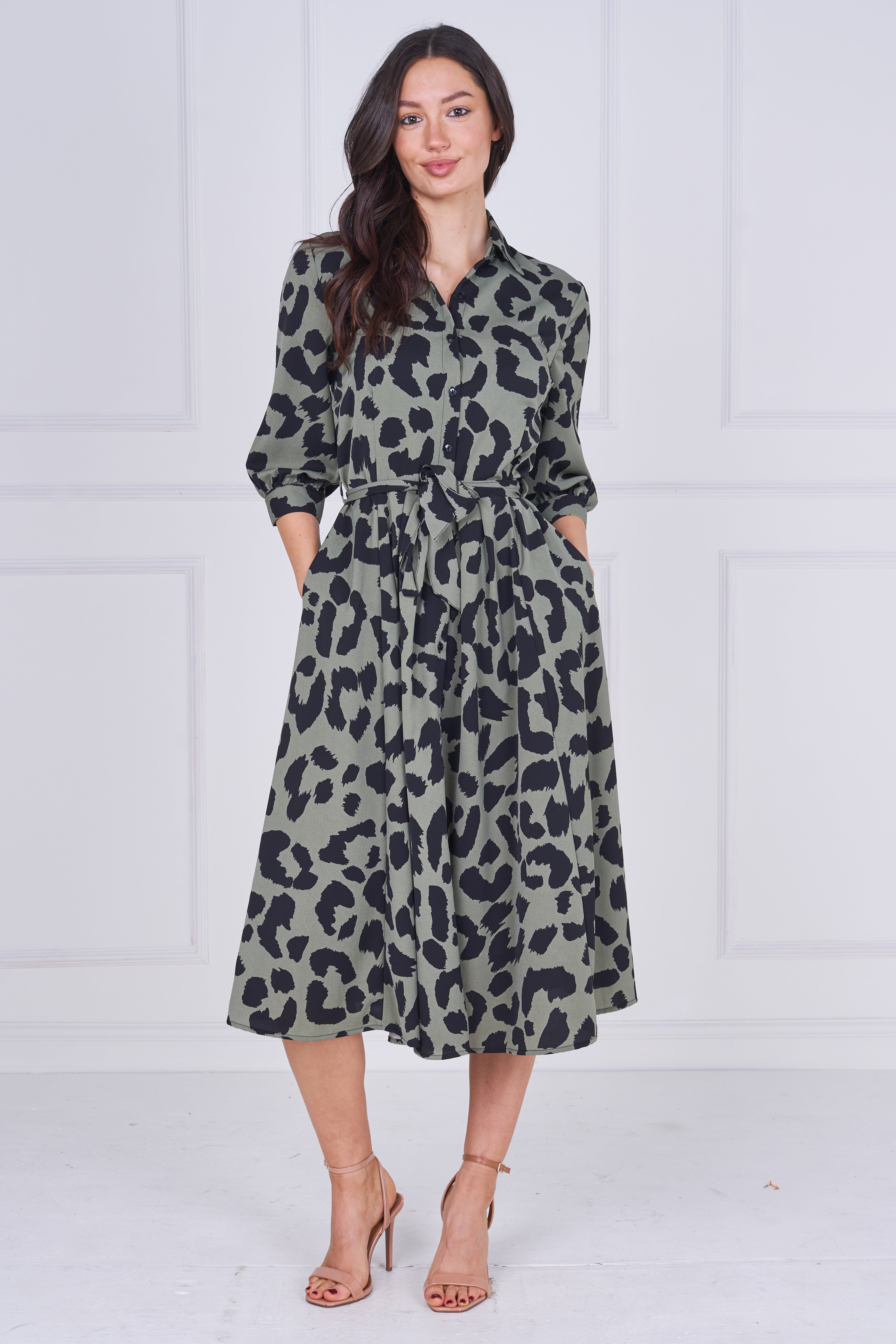 8pcs Khaki Leopard Print Half Sleeve Midi Shirt Dress