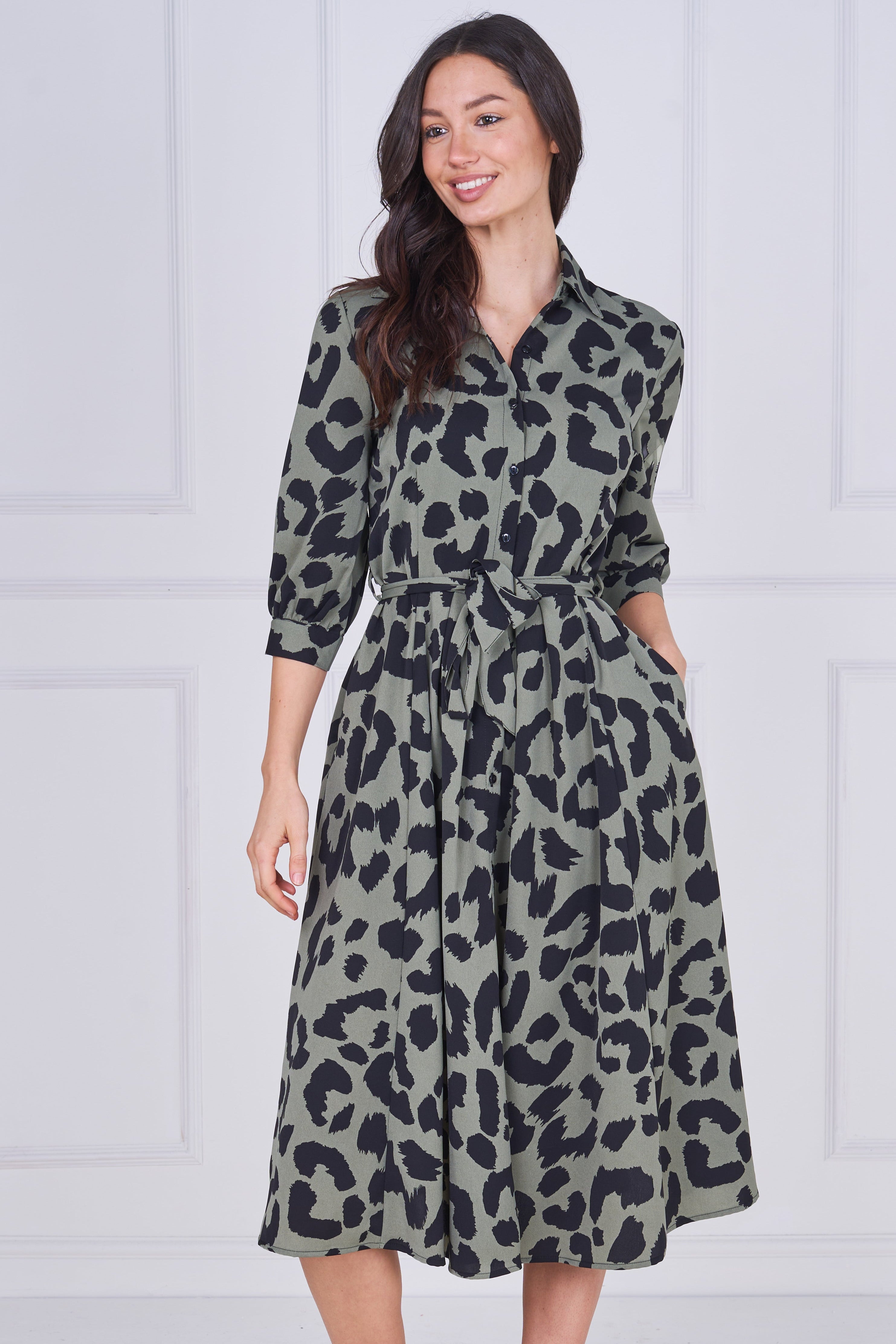 8pcs Khaki Leopard Print Half Sleeve Midi Shirt Dress
