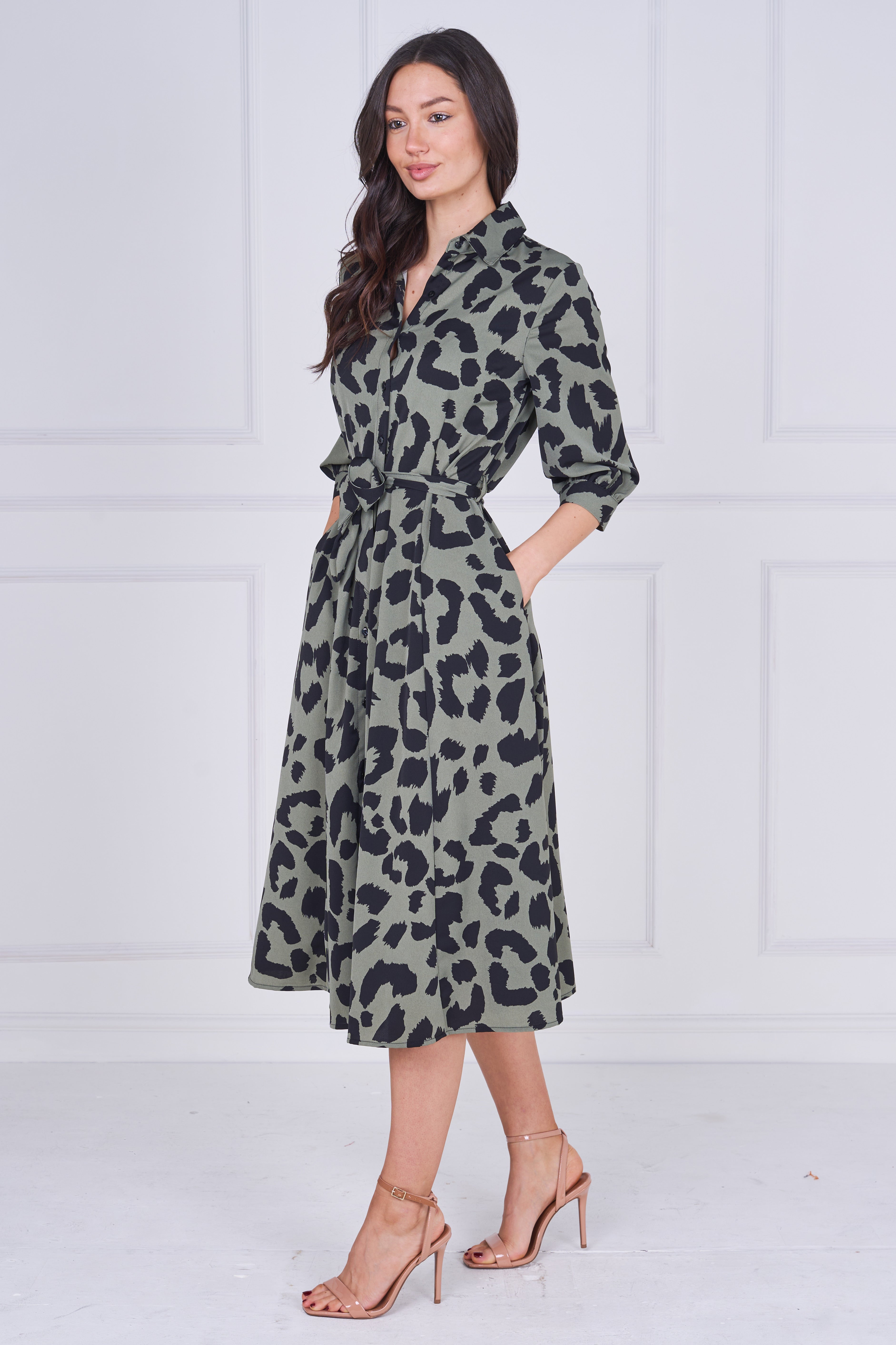 8pcs Khaki Leopard Print Half Sleeve Midi Shirt Dress