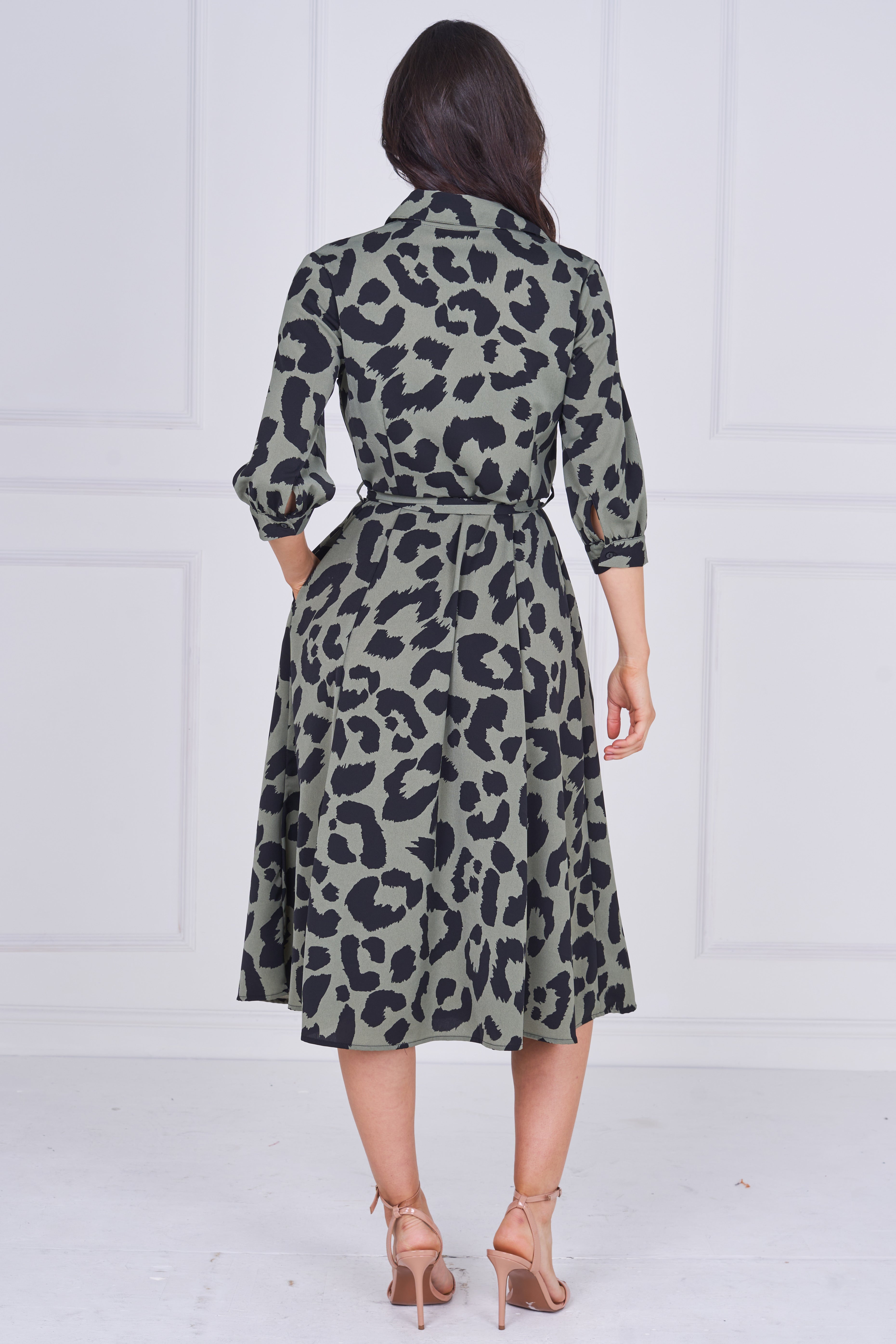8pcs Khaki Leopard Print Half Sleeve Midi Shirt Dress
