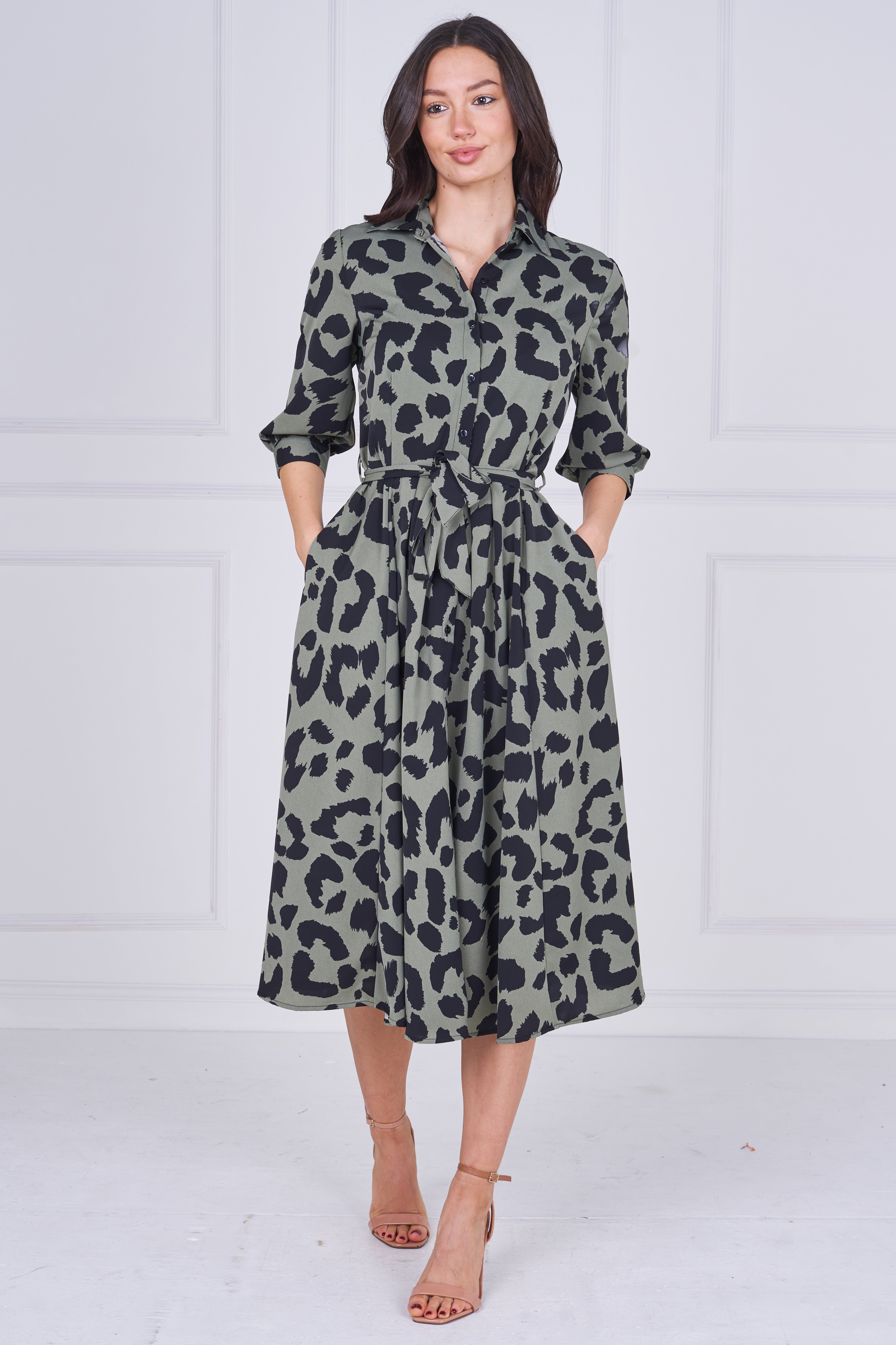 8pcs Khaki Leopard Print Half Sleeve Midi Shirt Dress