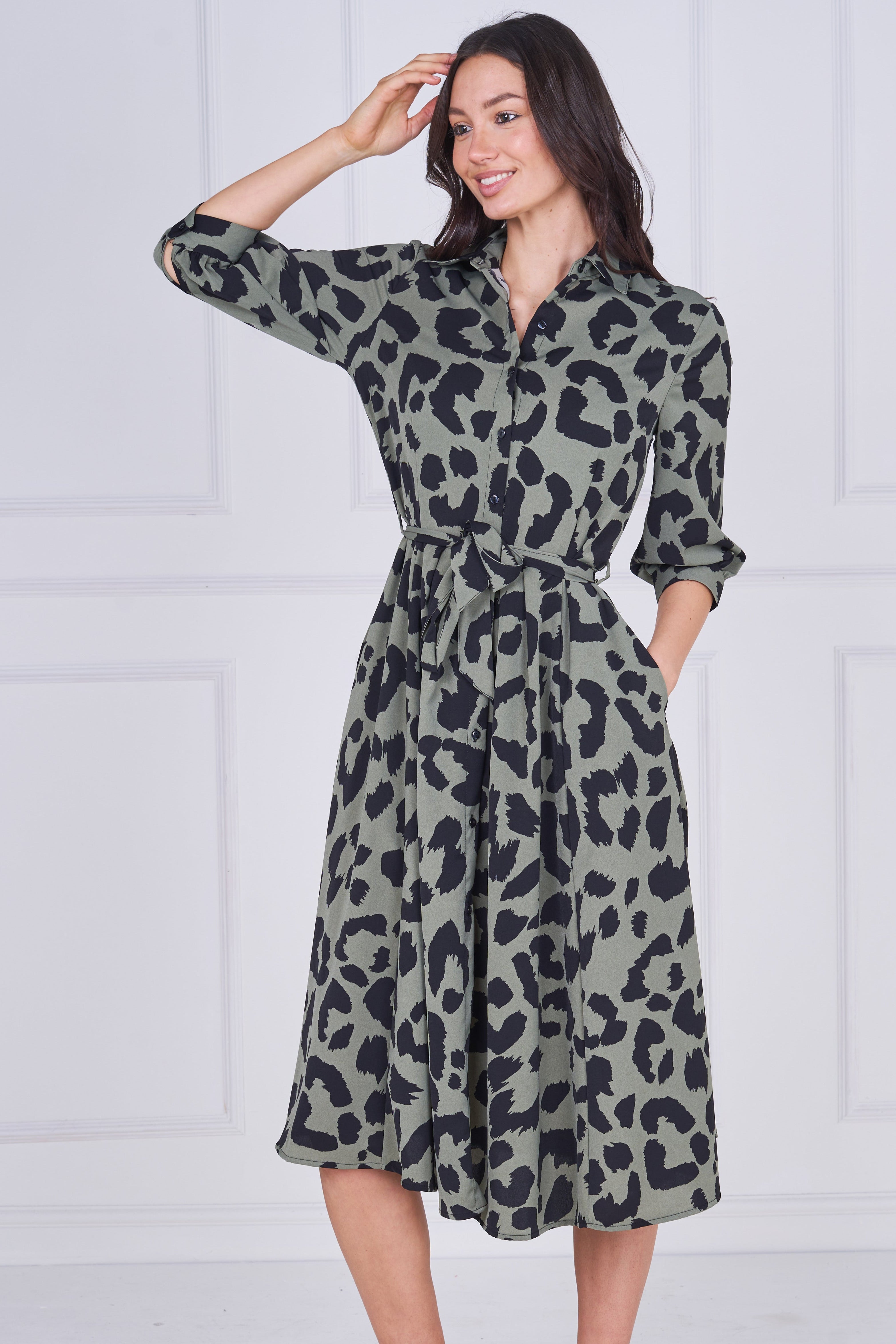 8pcs Khaki Leopard Print Half Sleeve Midi Shirt Dress