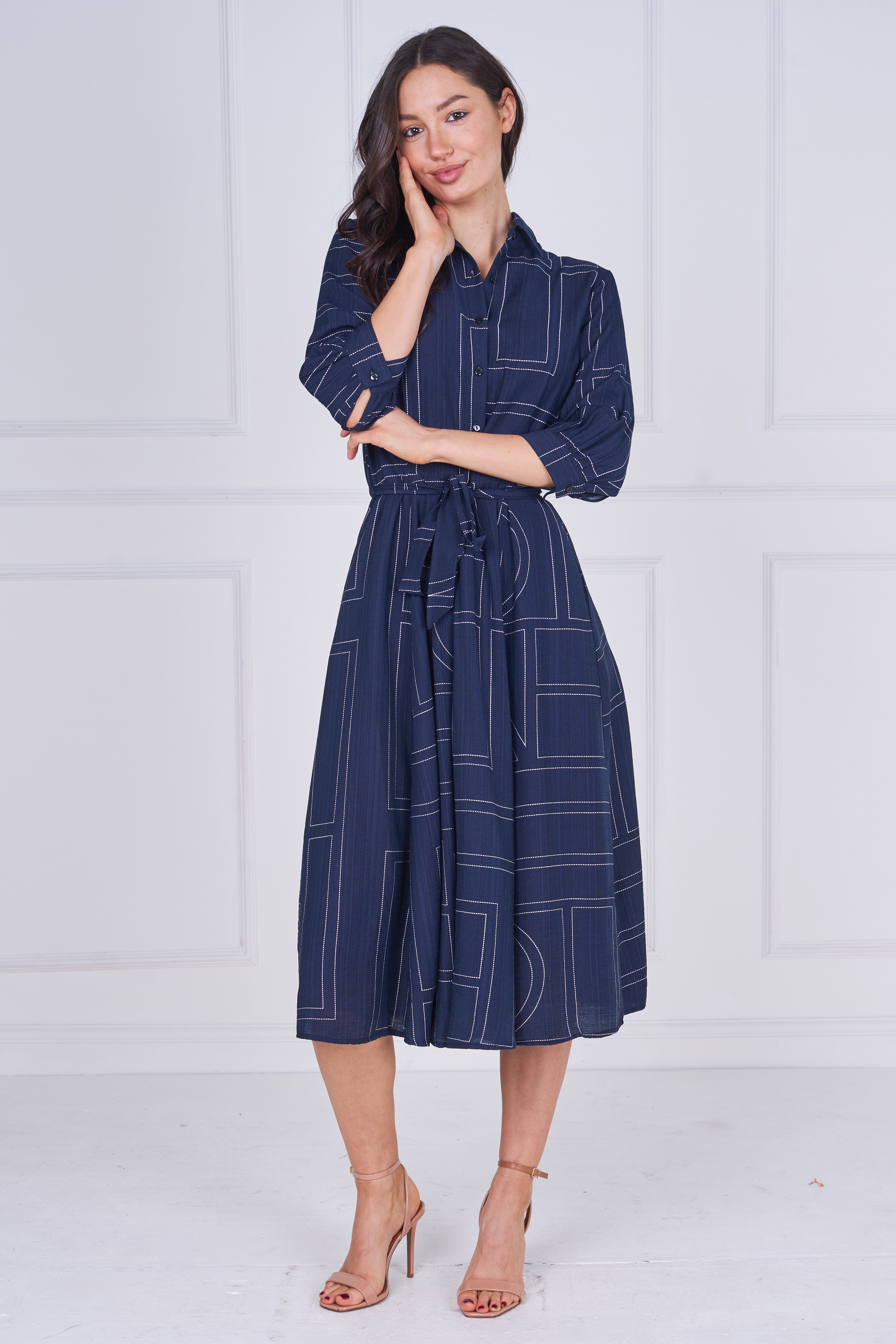 8Pcs Navy Contemporary Line Print Shirt Dress