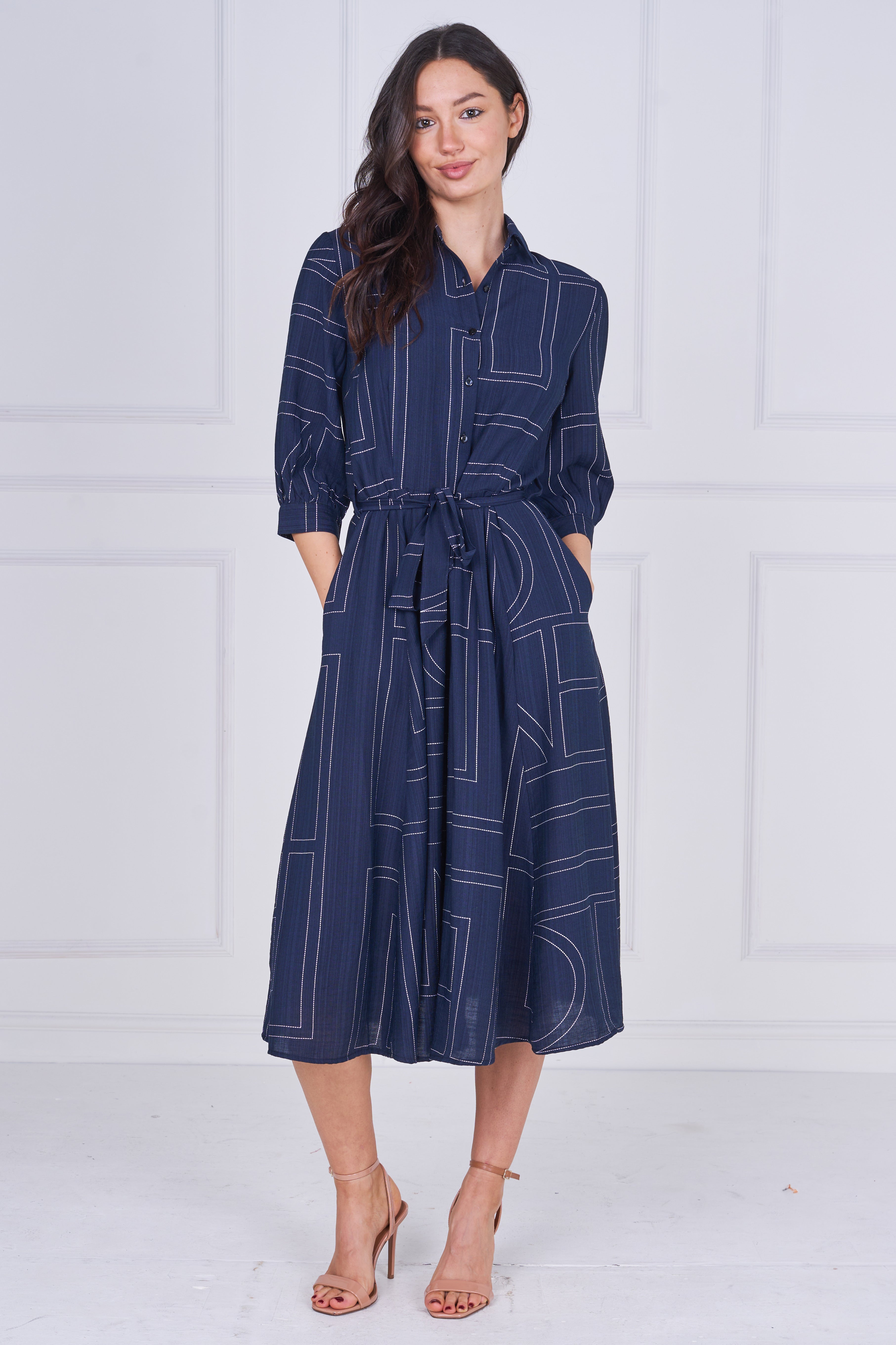 8Pcs Navy Contemporary Line Print Shirt Dress