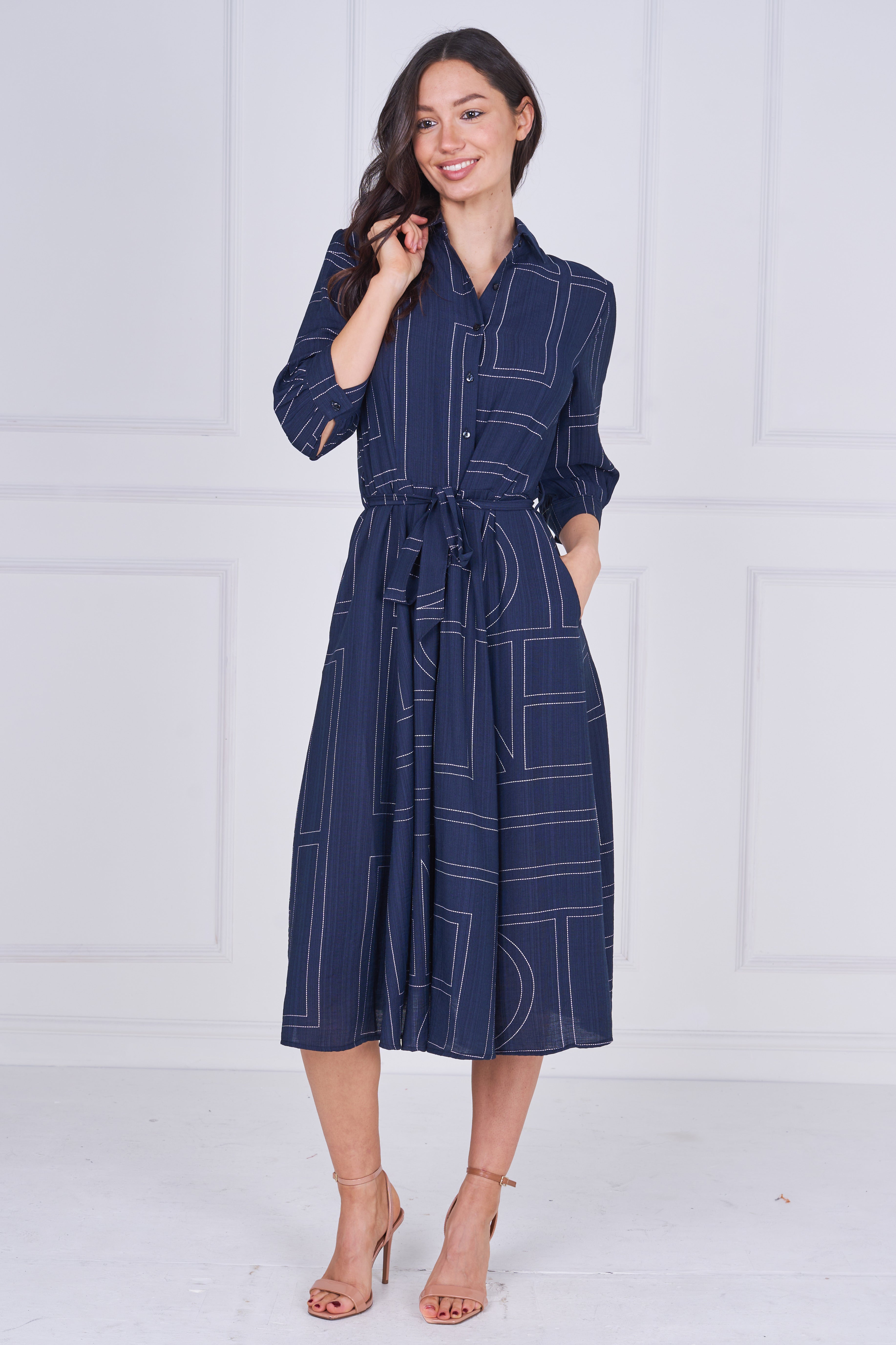 8Pcs Navy Contemporary Line Print Shirt Dress