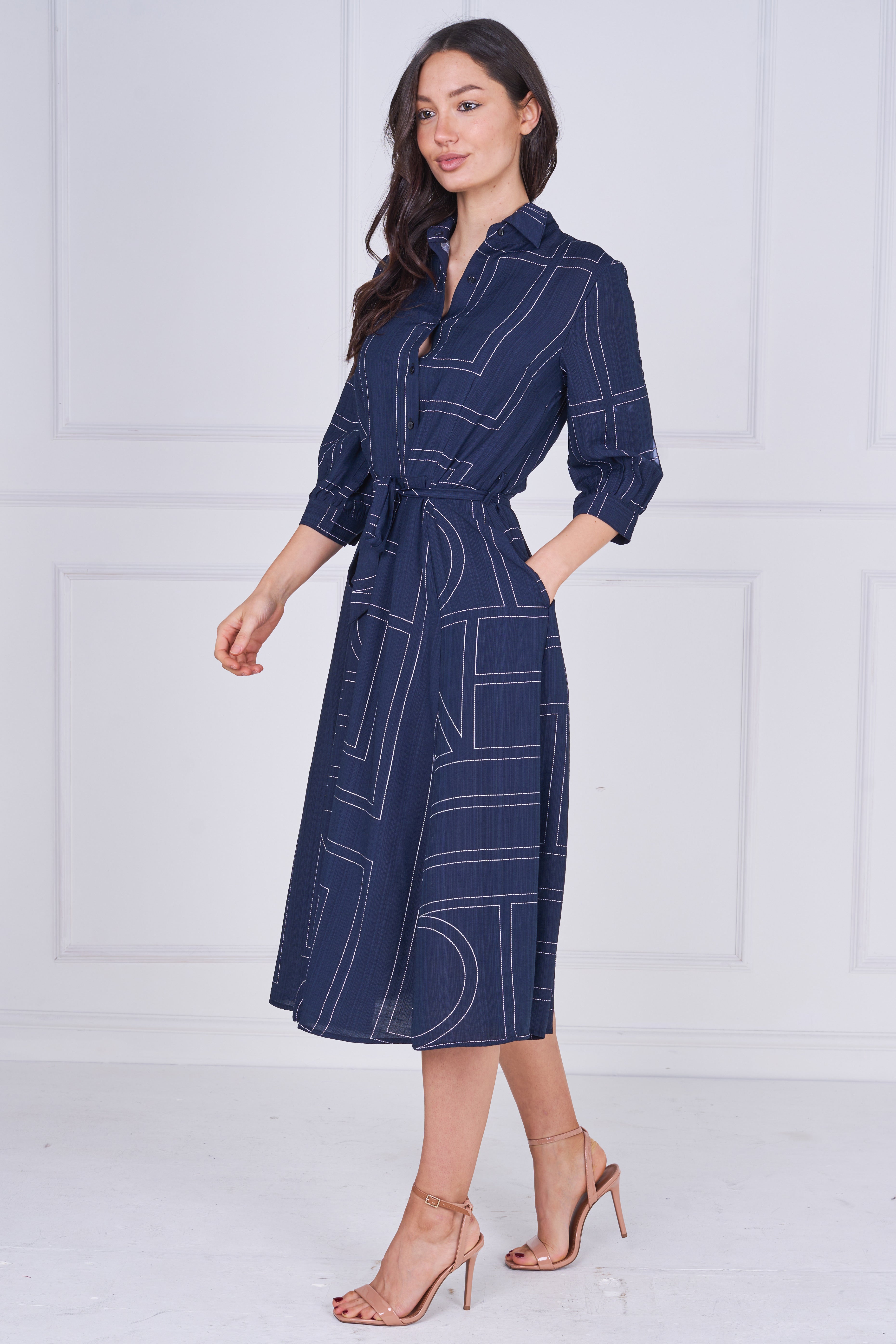 8Pcs Navy Contemporary Line Print Shirt Dress
