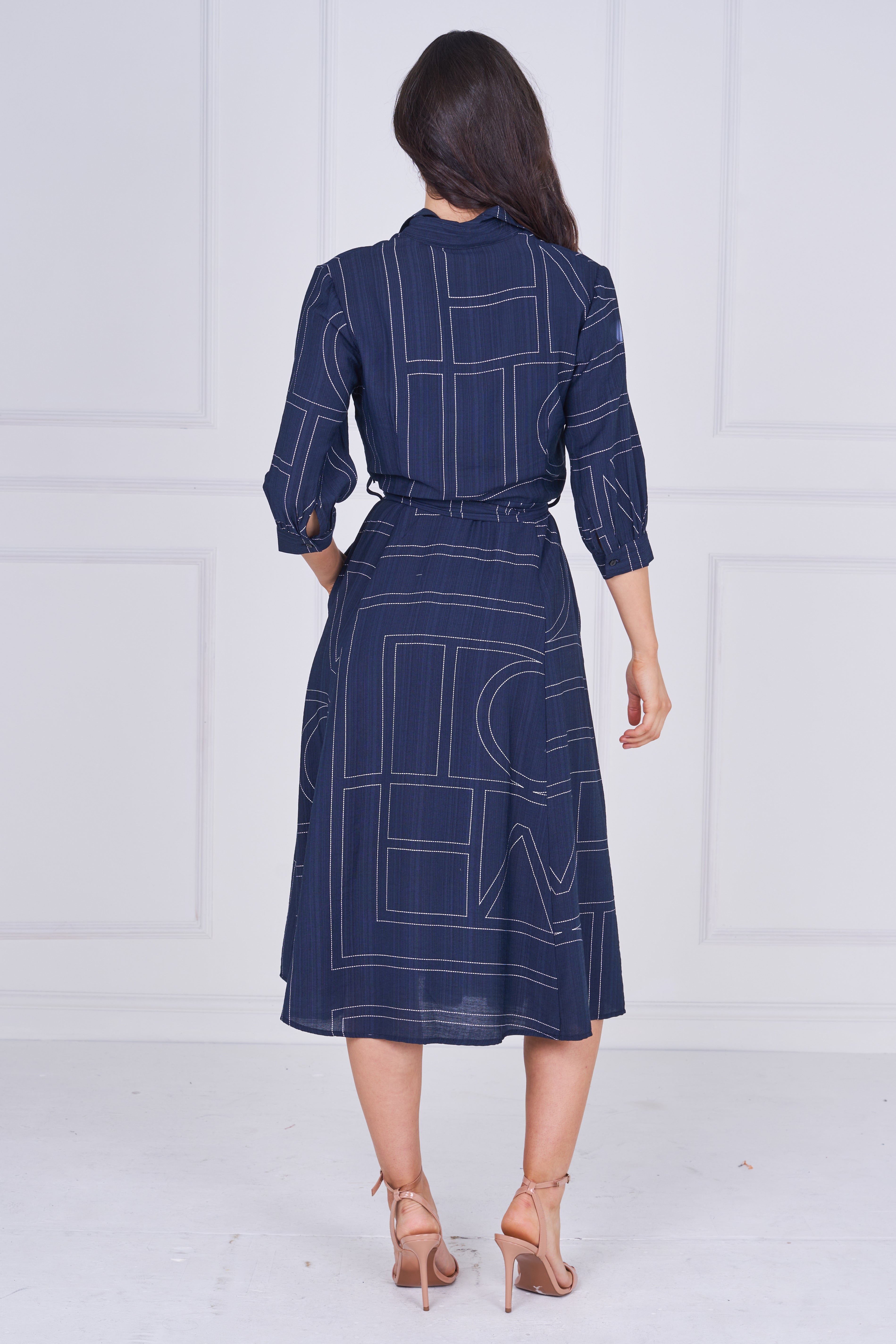 8Pcs Navy Contemporary Line Print Shirt Dress