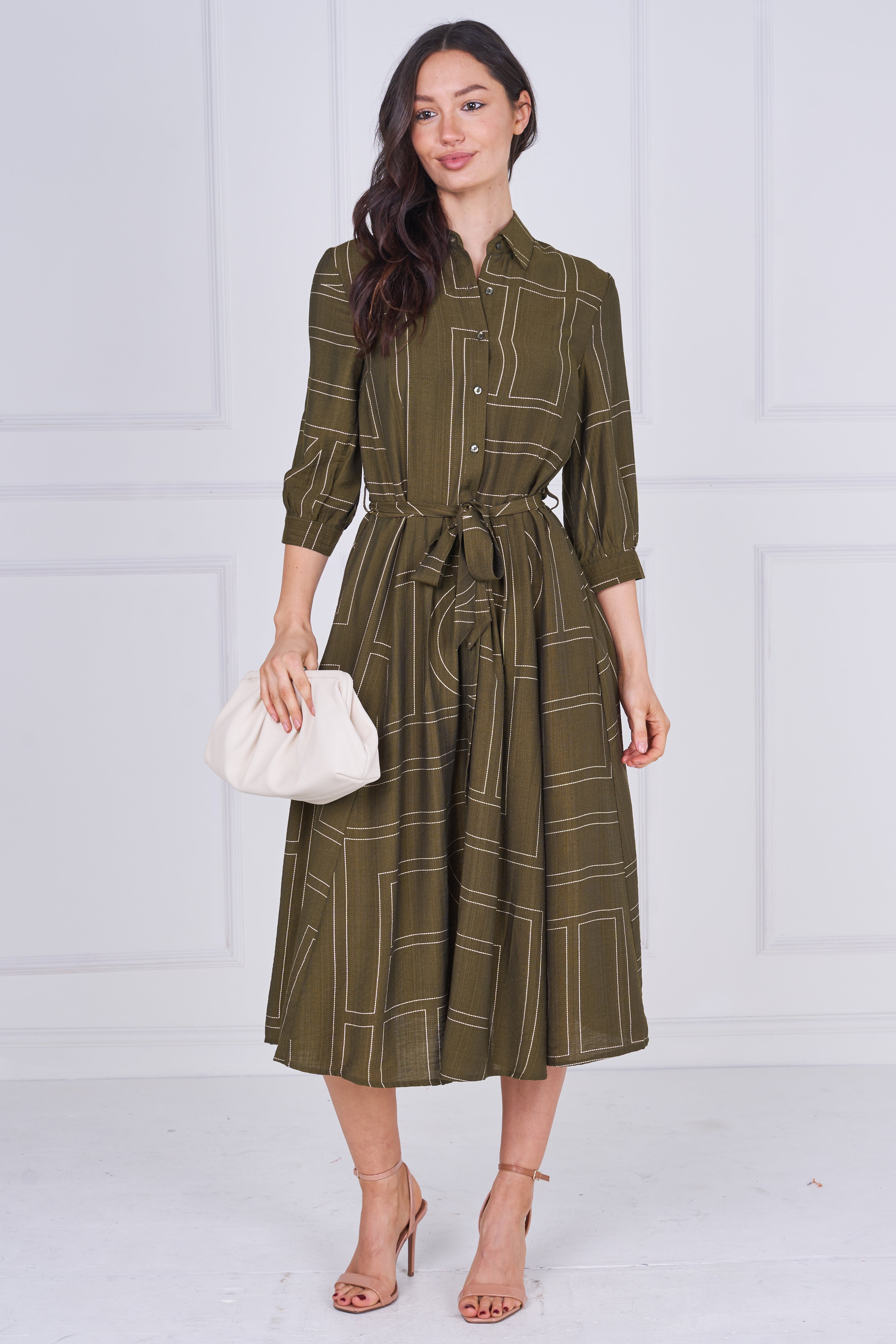8Pcs Khaki Green Contemporary Line Print Shirt Dress