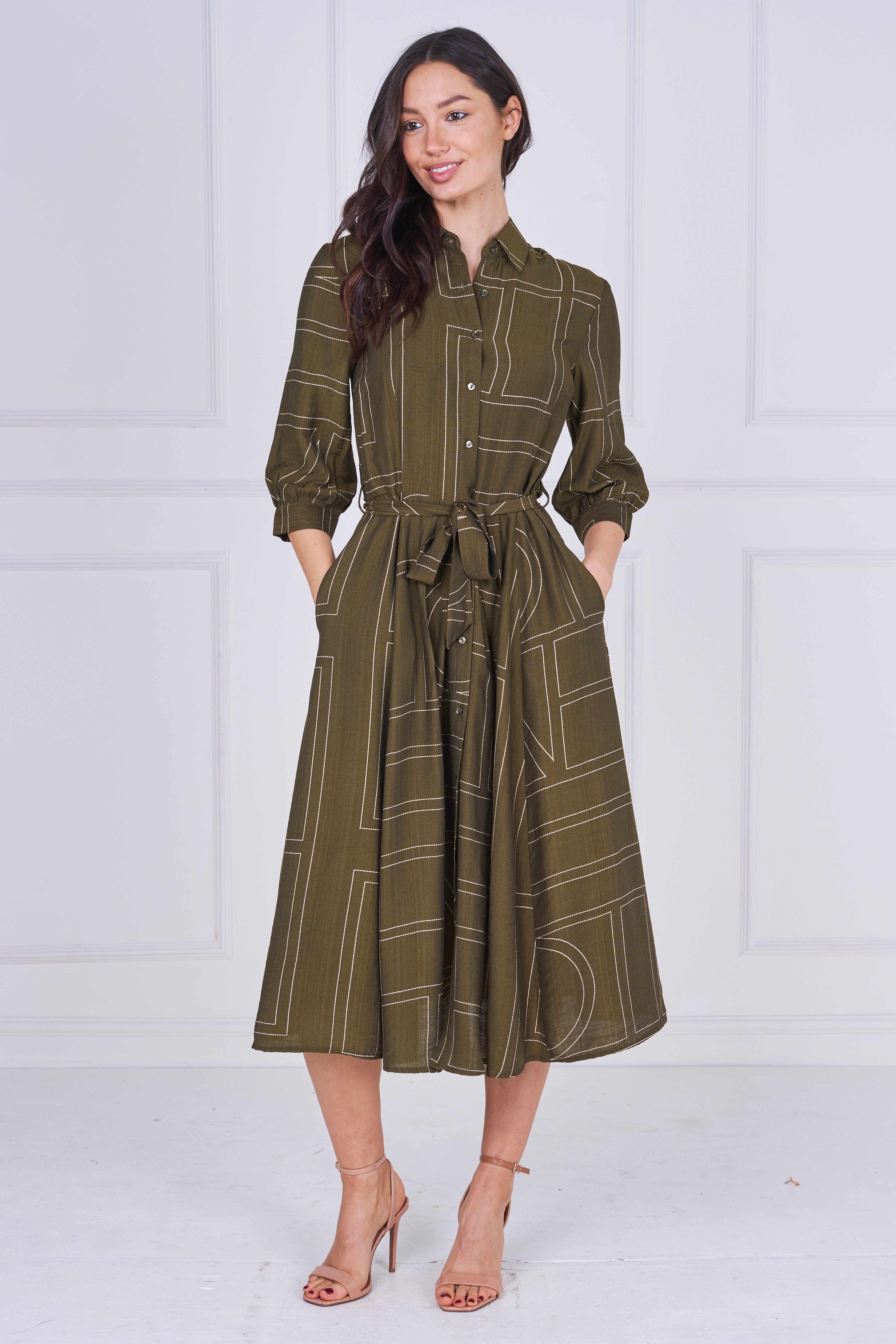 8Pcs Khaki Green Contemporary Line Print Shirt Dress