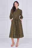 8Pcs Khaki Green Contemporary Line Print Shirt Dress