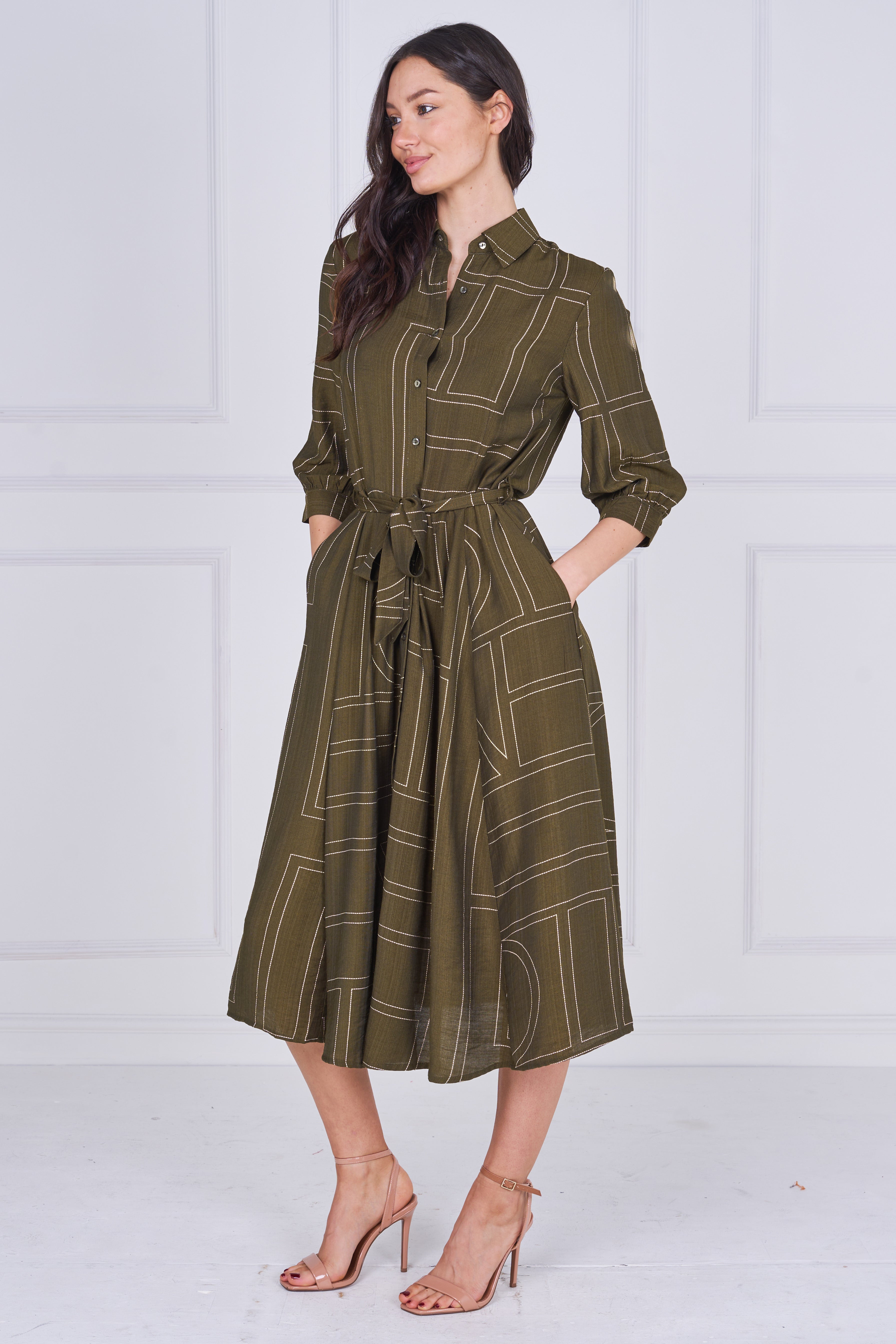 8Pcs Khaki Green Contemporary Line Print Shirt Dress
