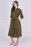 8Pcs Khaki Green Contemporary Line Print Shirt Dress