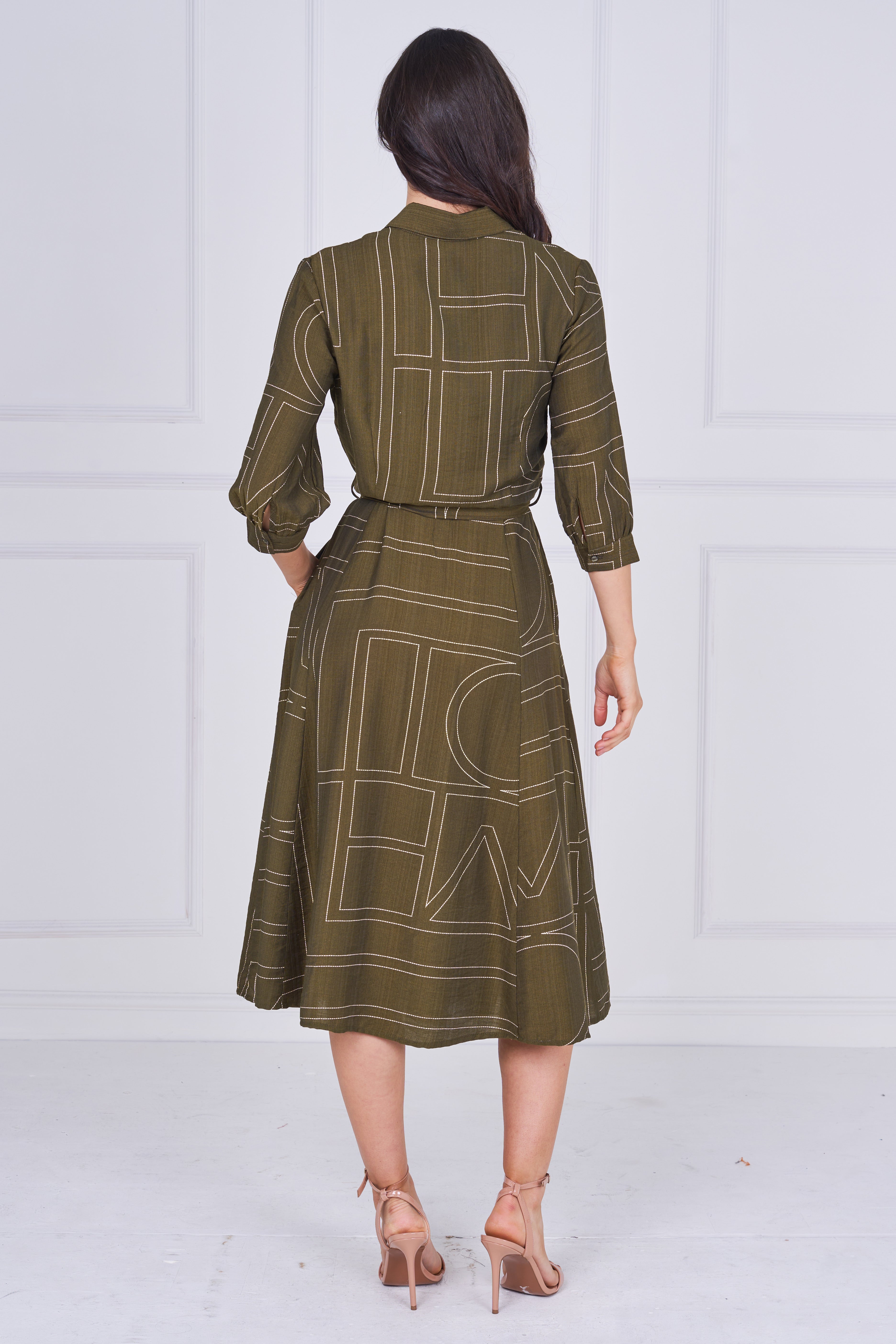 8Pcs Khaki Green Contemporary Line Print Shirt Dress
