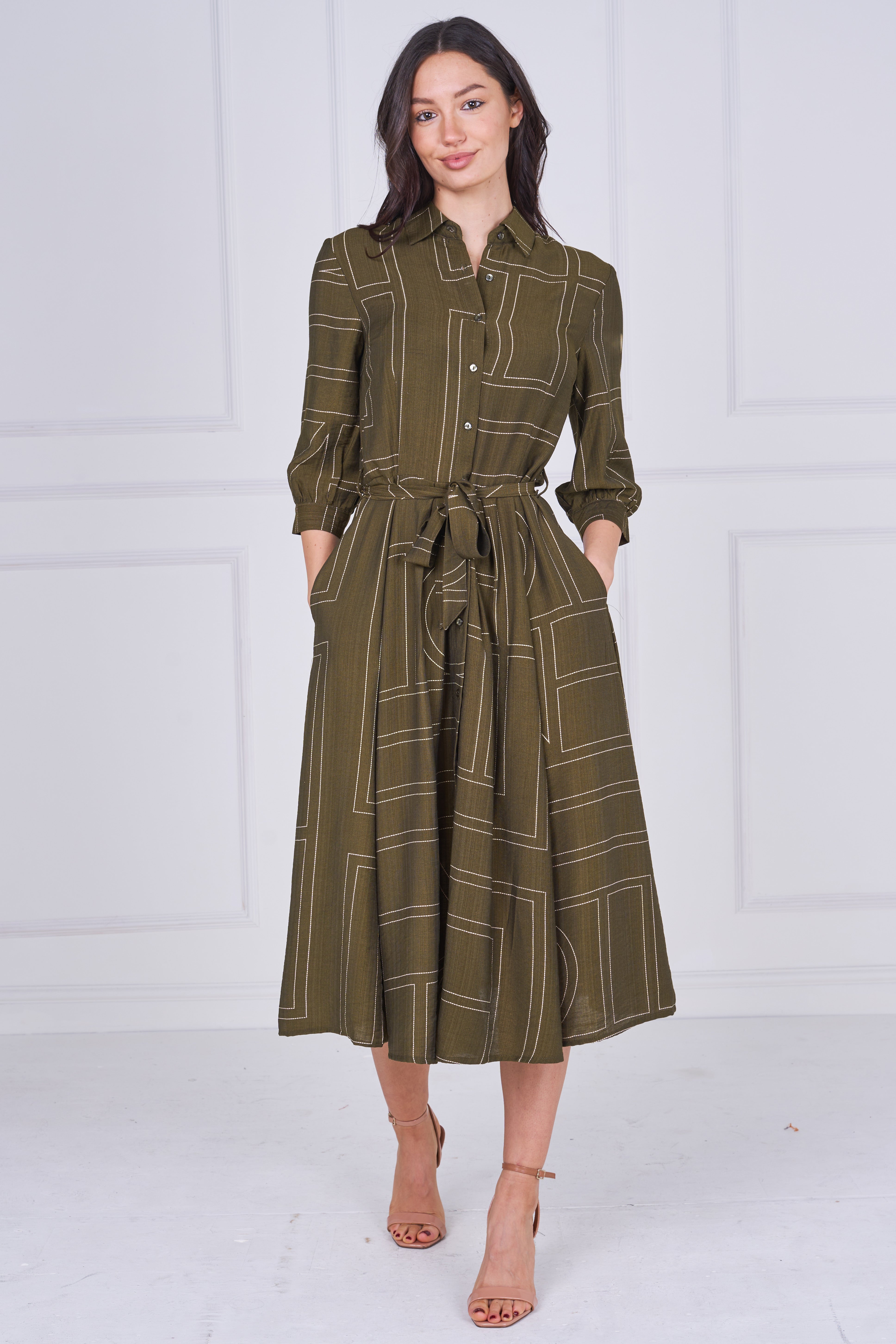 8Pcs Khaki Green Contemporary Line Print Shirt Dress