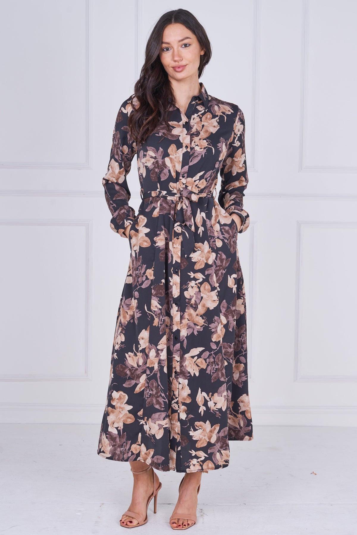 8Pcs Charcoal and Mocha Floral Belted Midaxi Shirt Dress