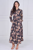 8Pcs Charcoal and Mocha Floral Belted Midaxi Shirt Dress