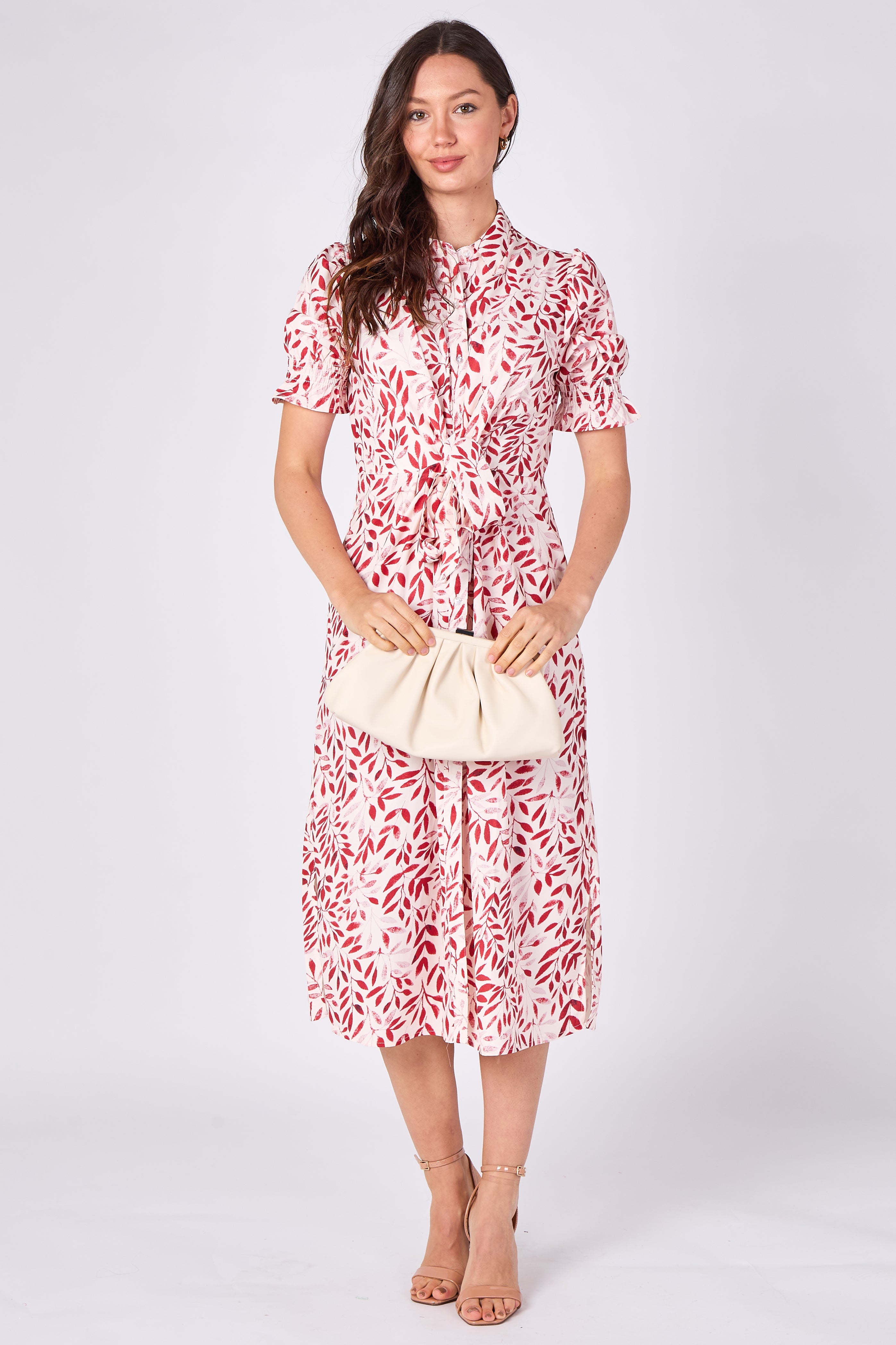 8Pcs Red Leaf Print Tie Waist Midi Dress