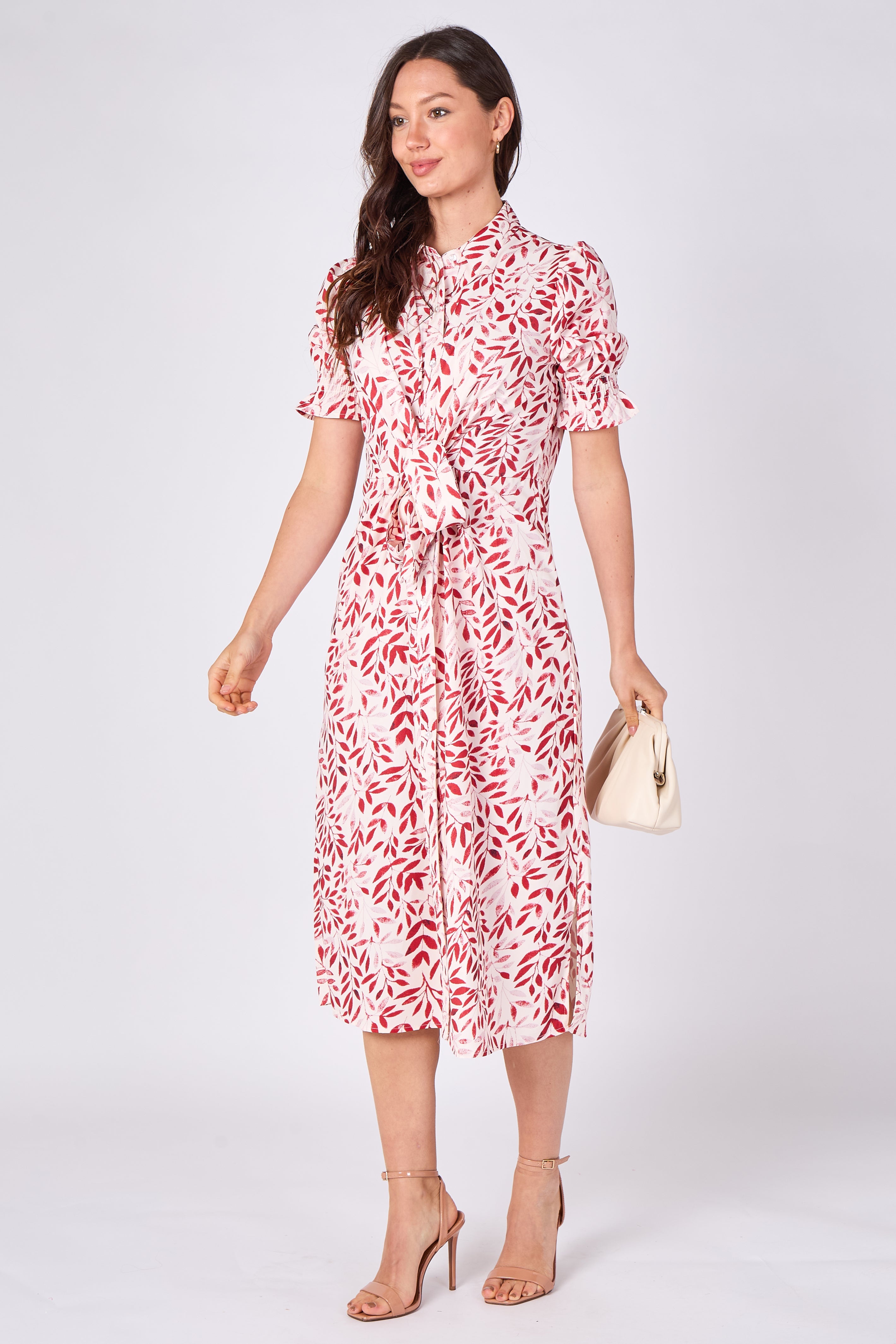 8Pcs Red Leaf Print Tie Waist Midi Dress
