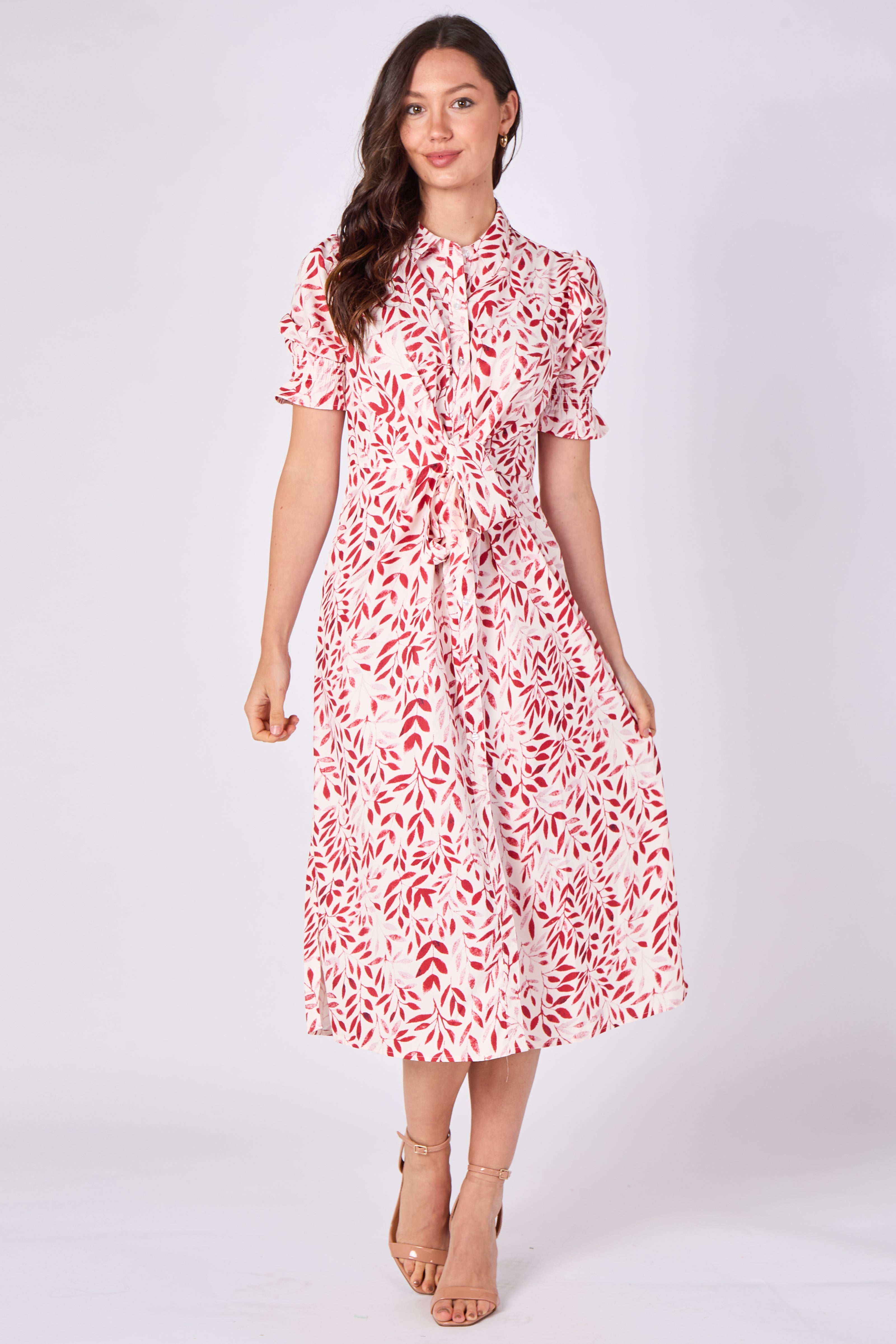8Pcs Red Leaf Print Tie Waist Midi Dress