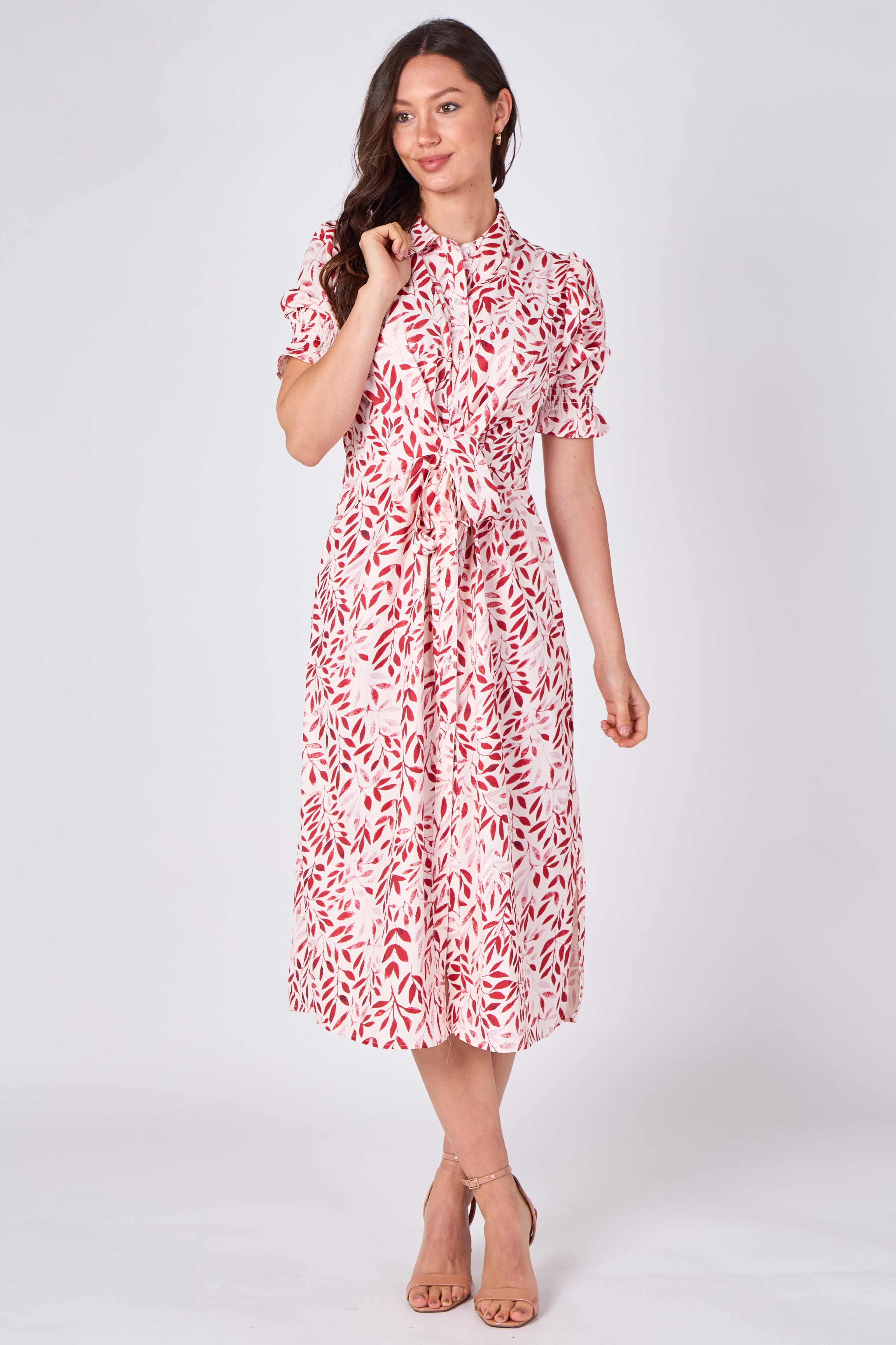 8Pcs Red Leaf Print Tie Waist Midi Dress
