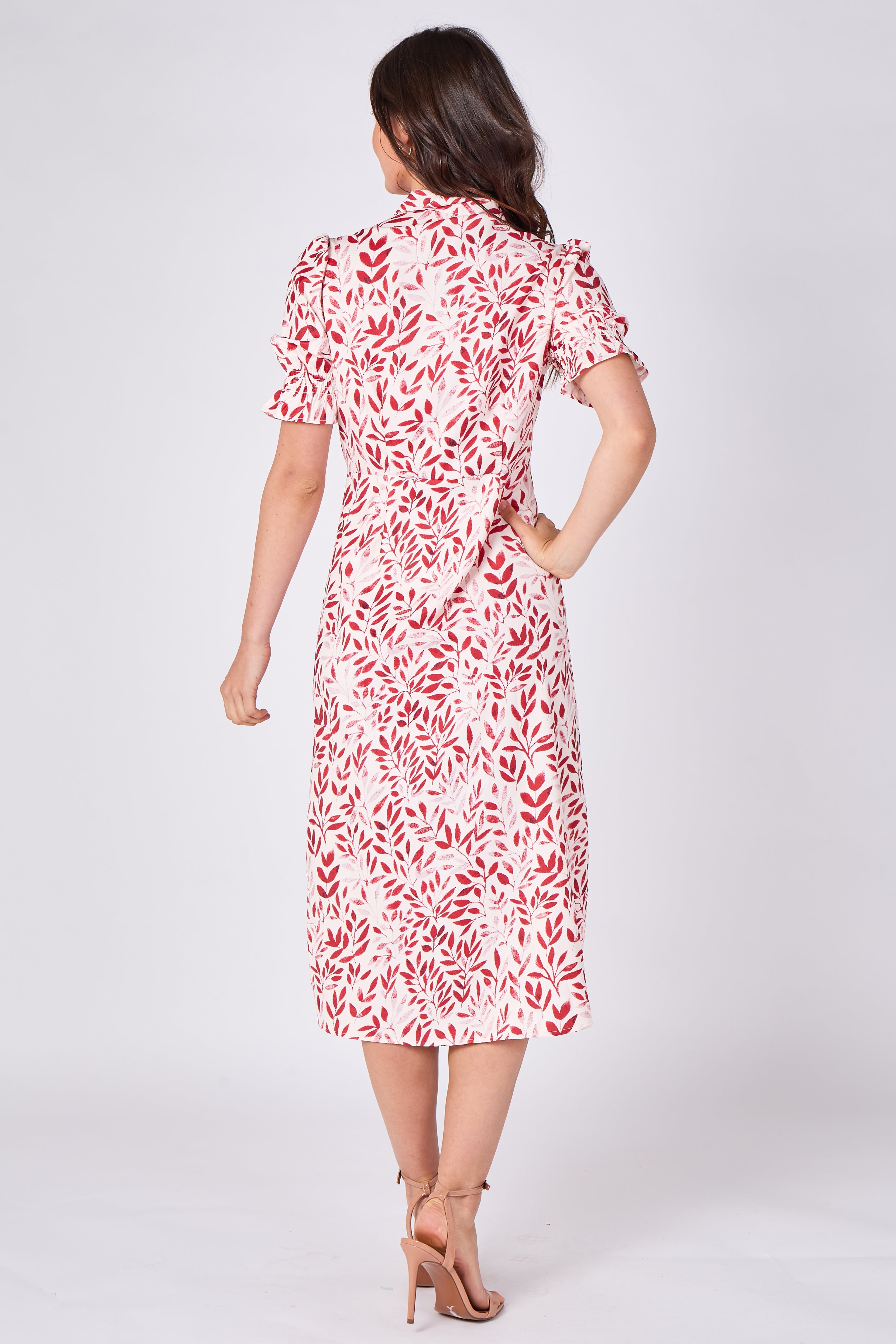 8Pcs Red Leaf Print Tie Waist Midi Dress