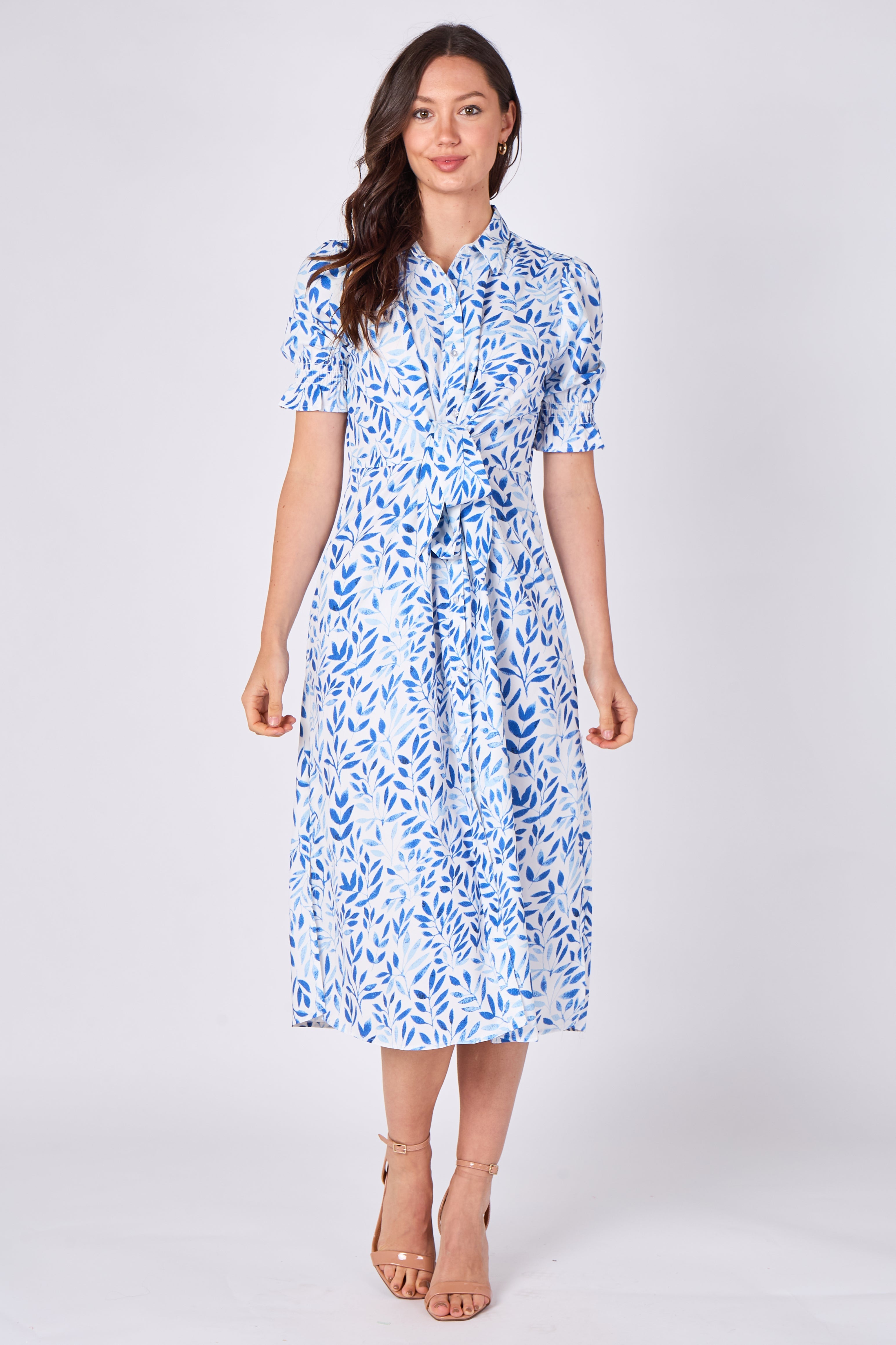 8Pcs Blue Leaf Print Tie Waist Midi Dress