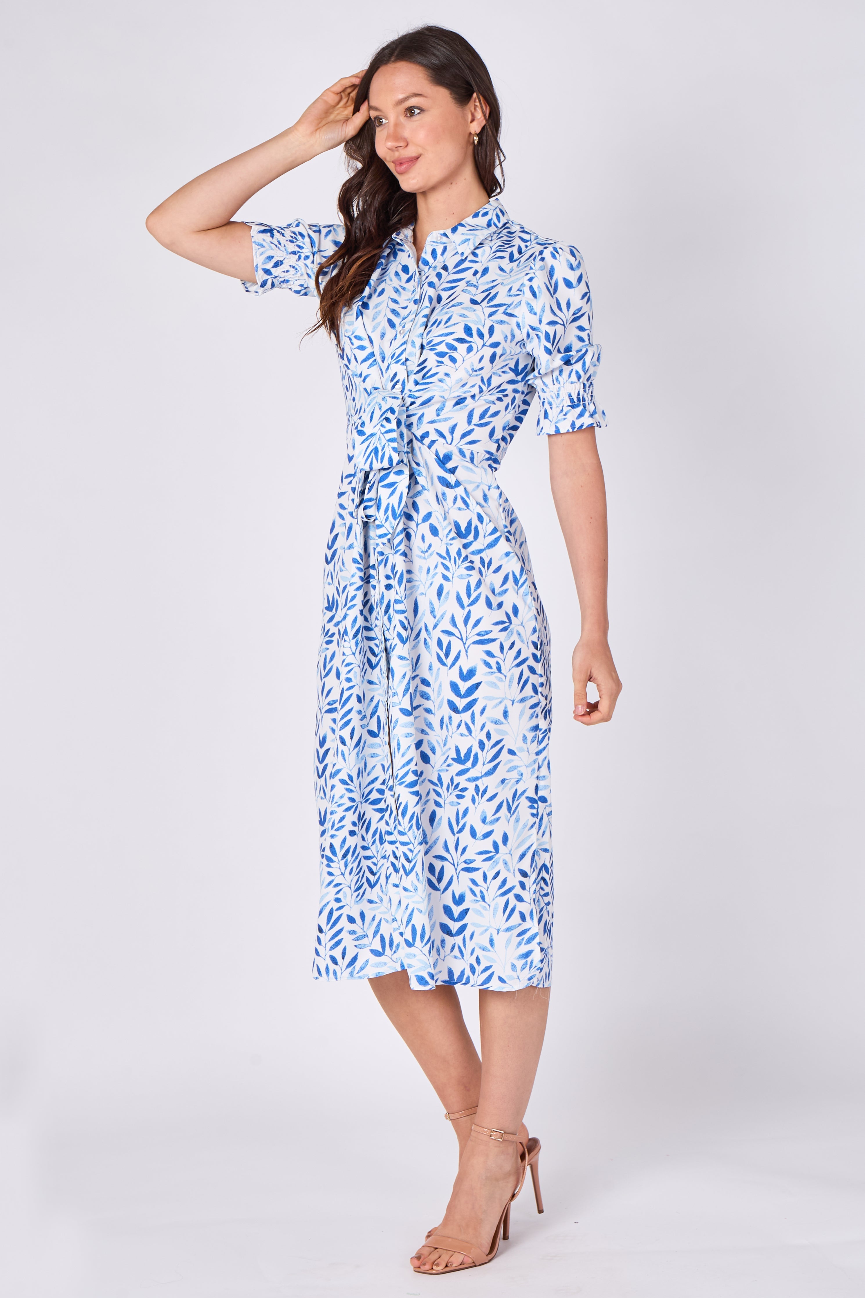 8Pcs Blue Leaf Print Tie Waist Midi Dress