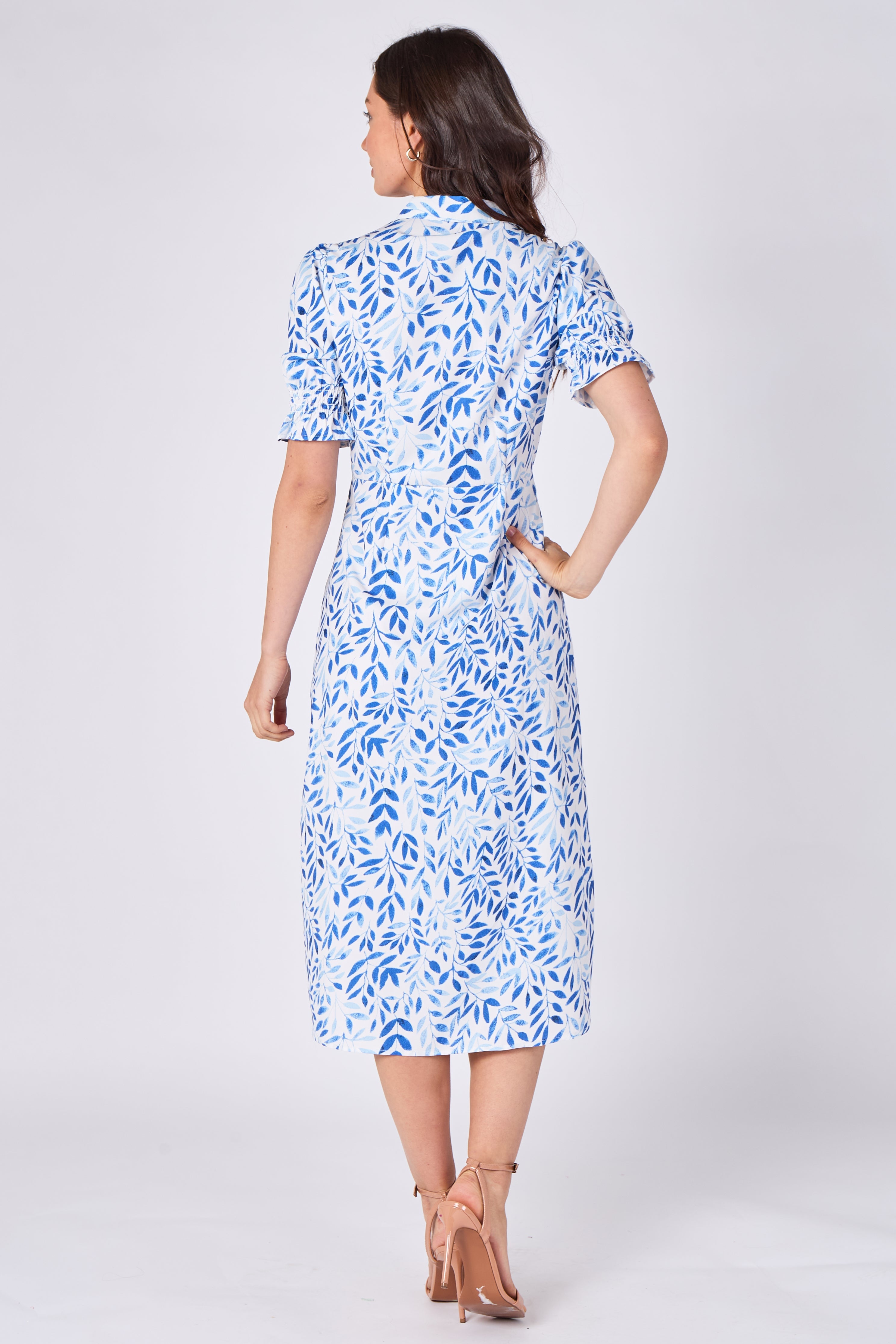 8Pcs Blue Leaf Print Tie Waist Midi Dress