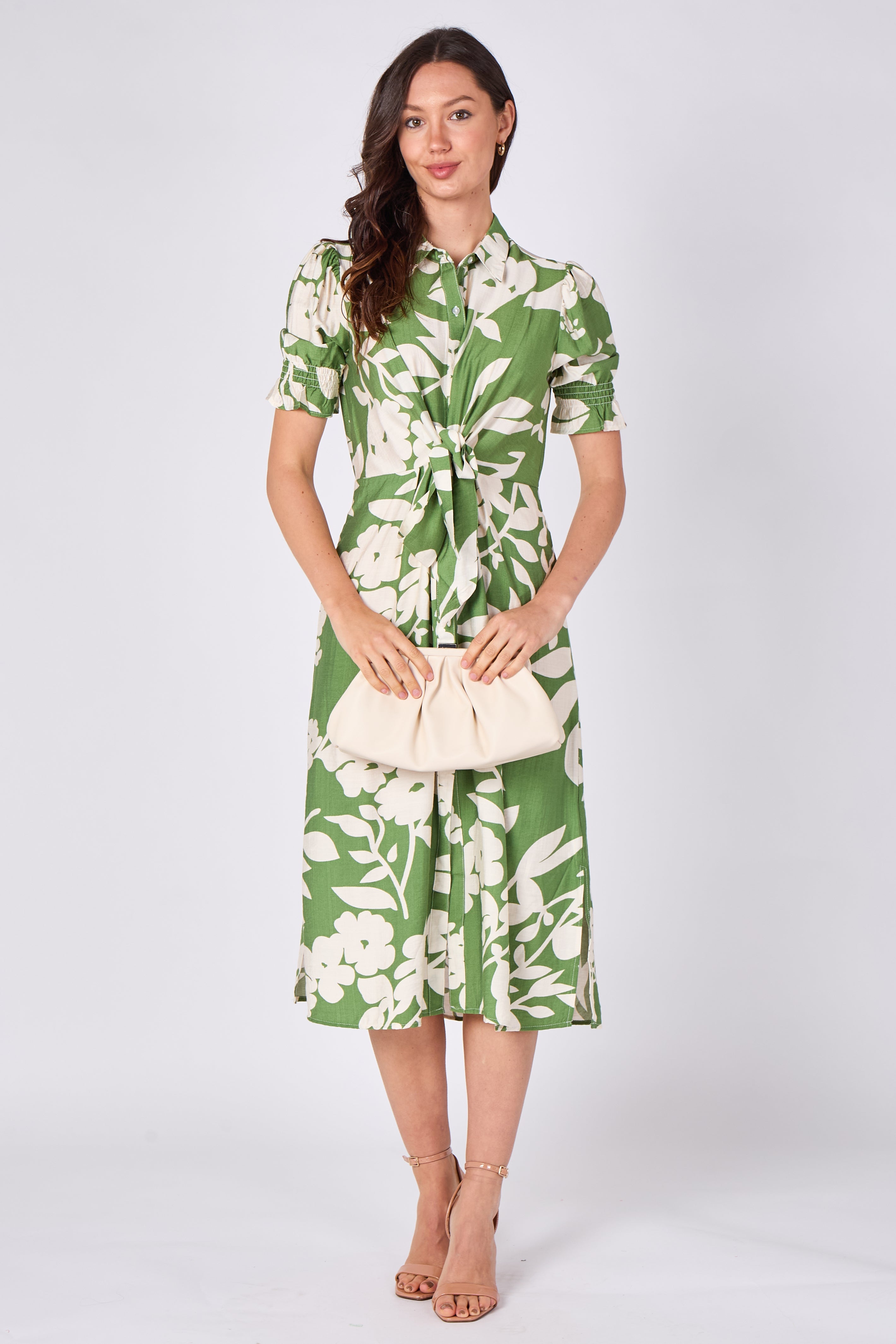 8Pcs Green Floral Print Tie Front Midi Dress