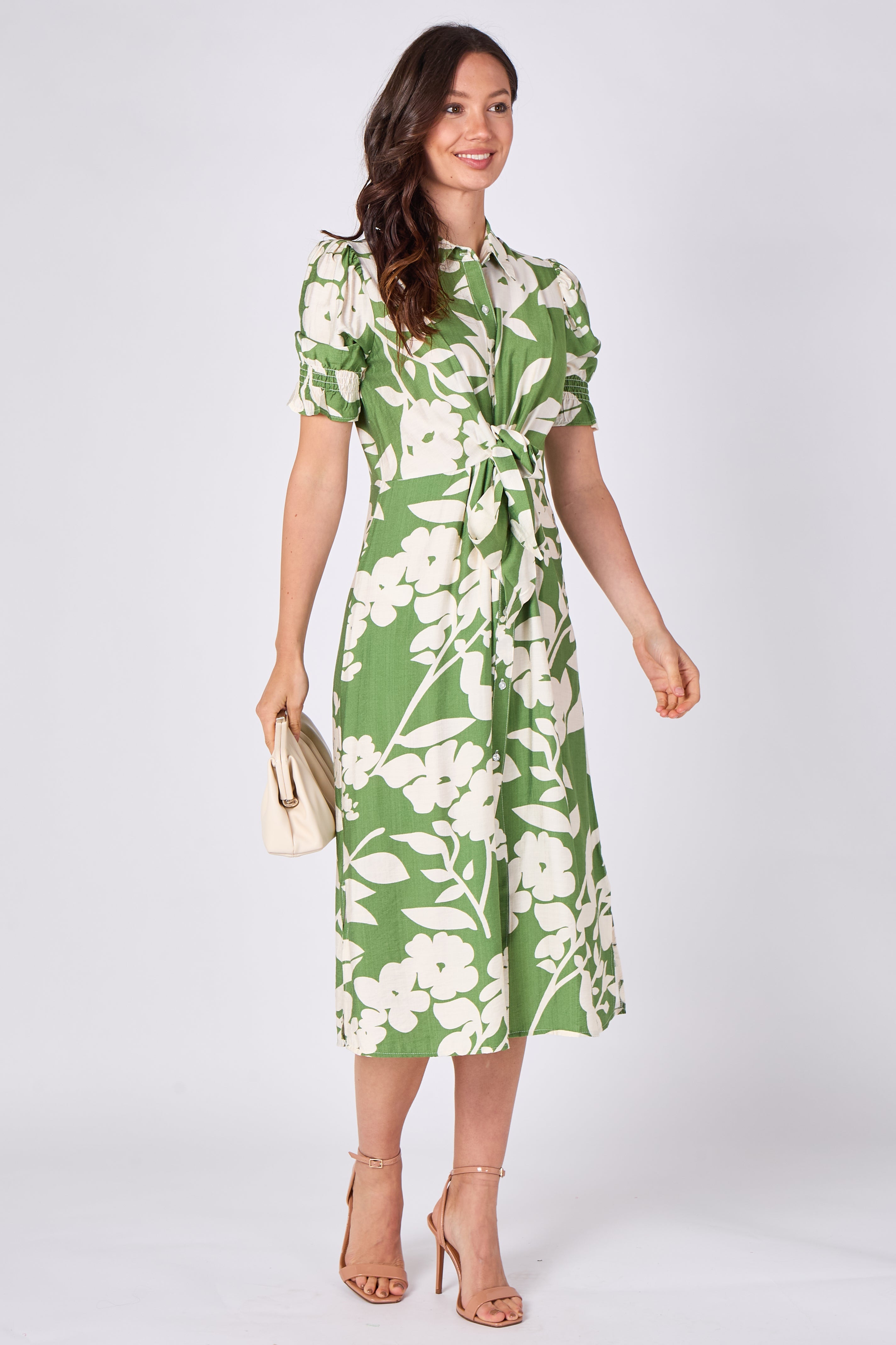 8Pcs Green Floral Print Tie Front Midi Dress