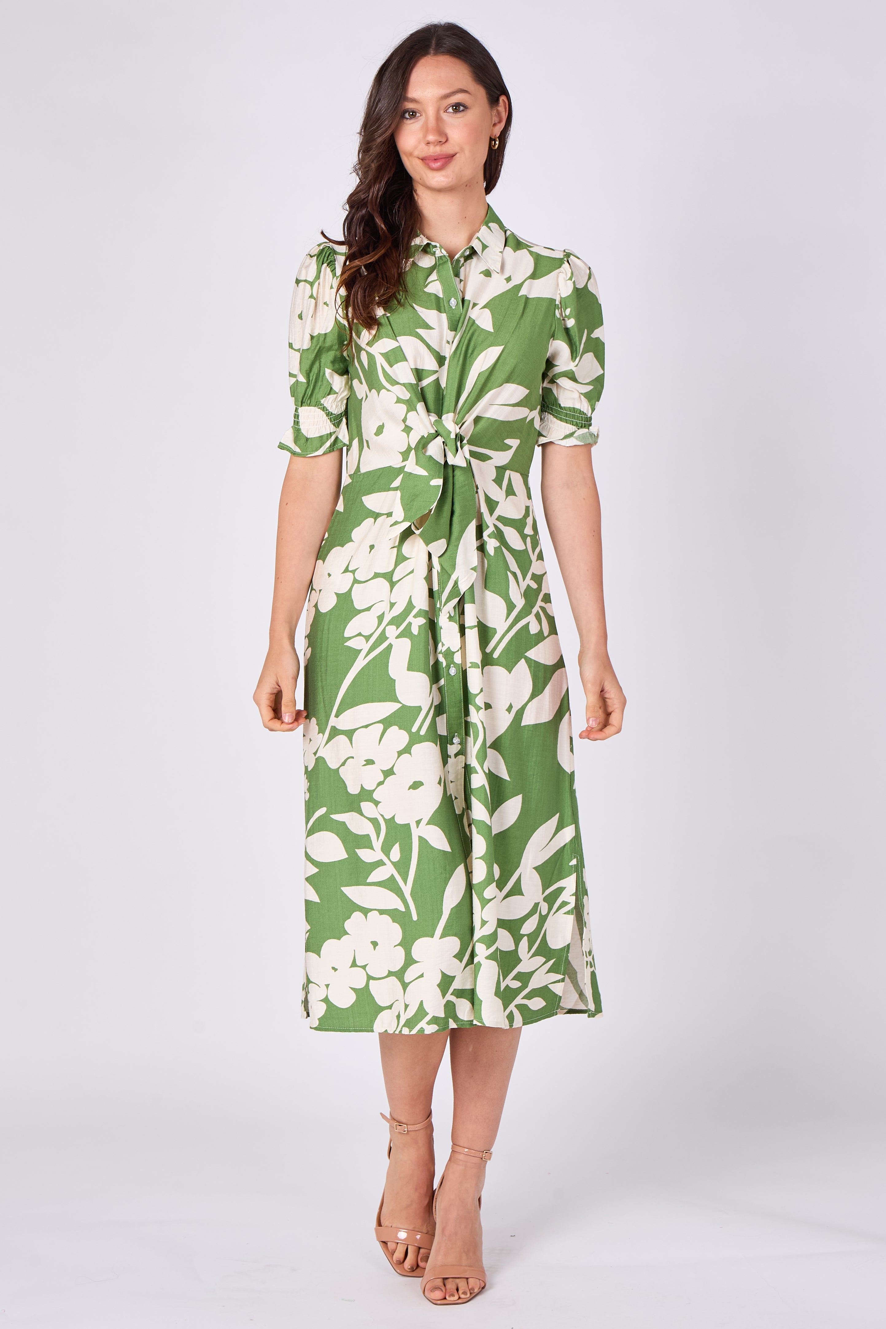 8Pcs Green Floral Print Tie Front Midi Dress