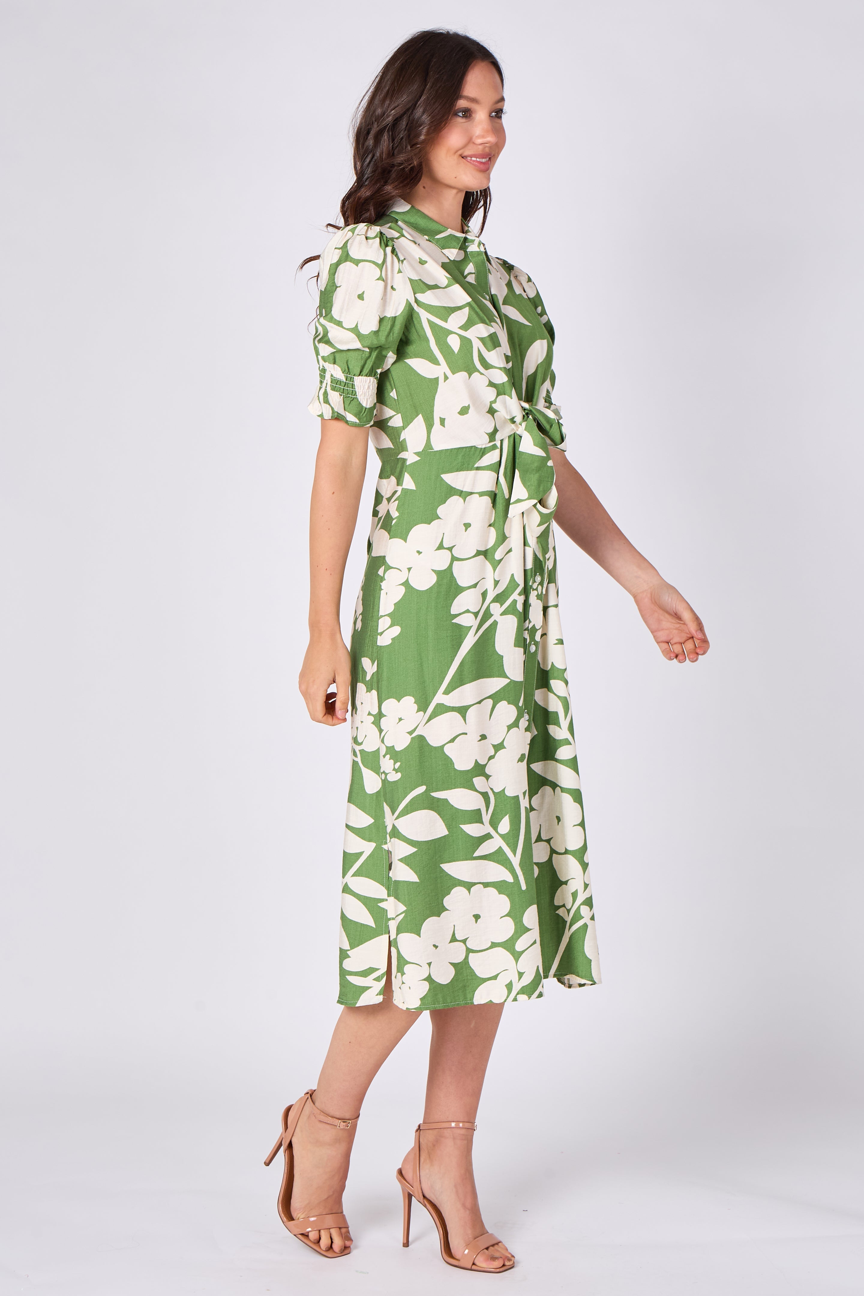 8Pcs Green Floral Print Tie Front Midi Dress