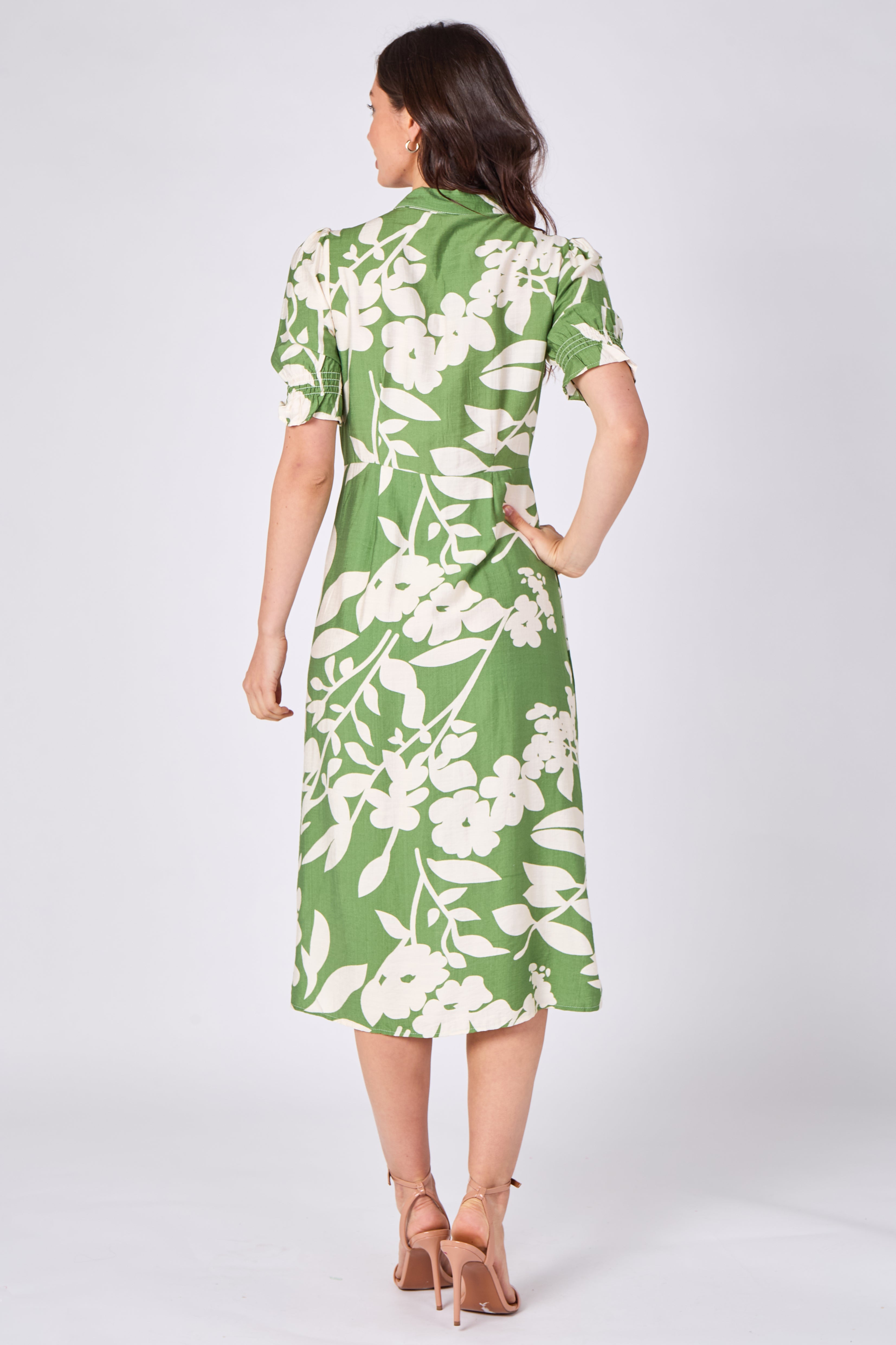 8Pcs Green Floral Print Tie Front Midi Dress