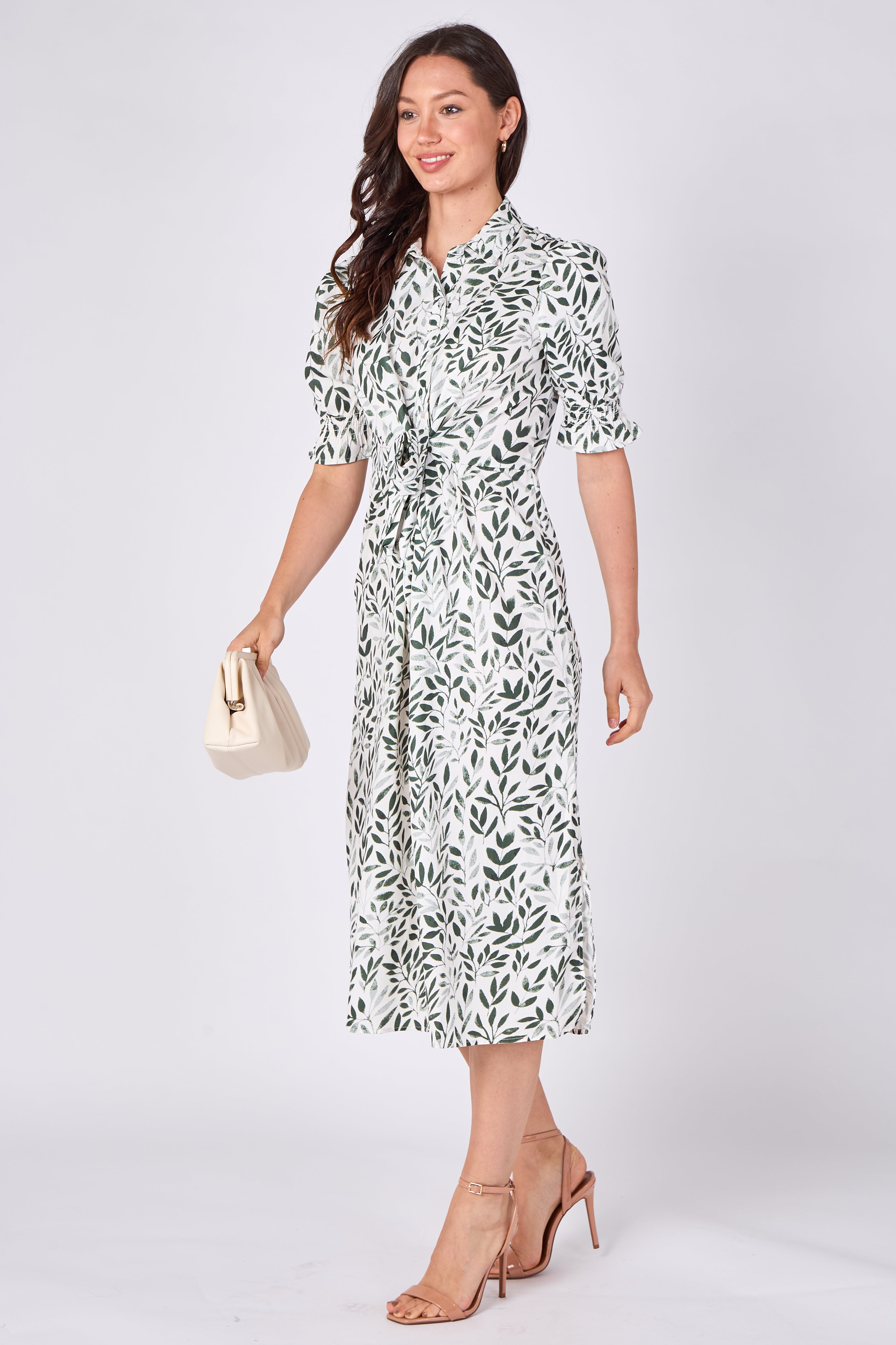 8Pcs Green Leaf Print Tie Waist Midi Dress