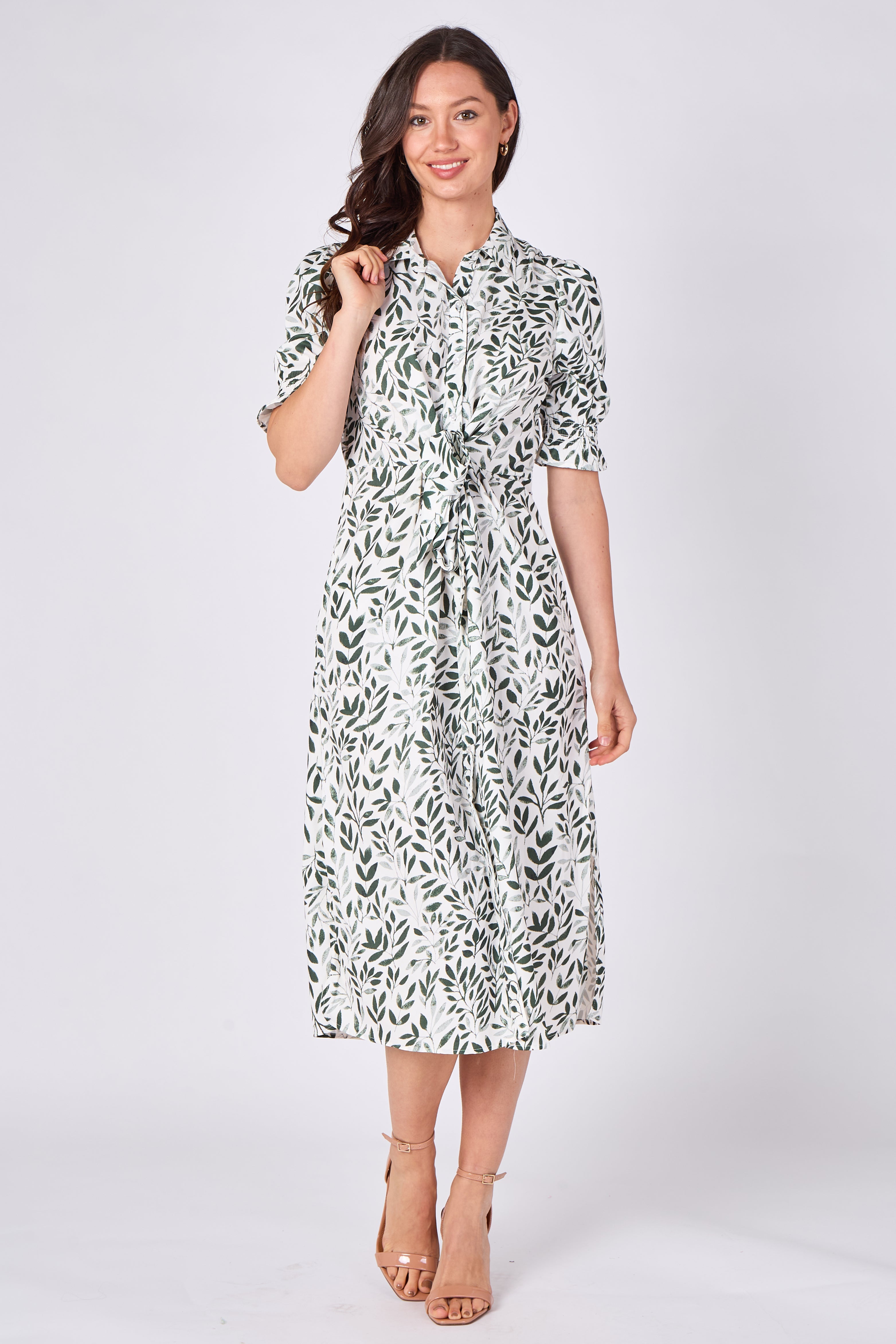 8Pcs Green Leaf Print Tie Waist Midi Dress
