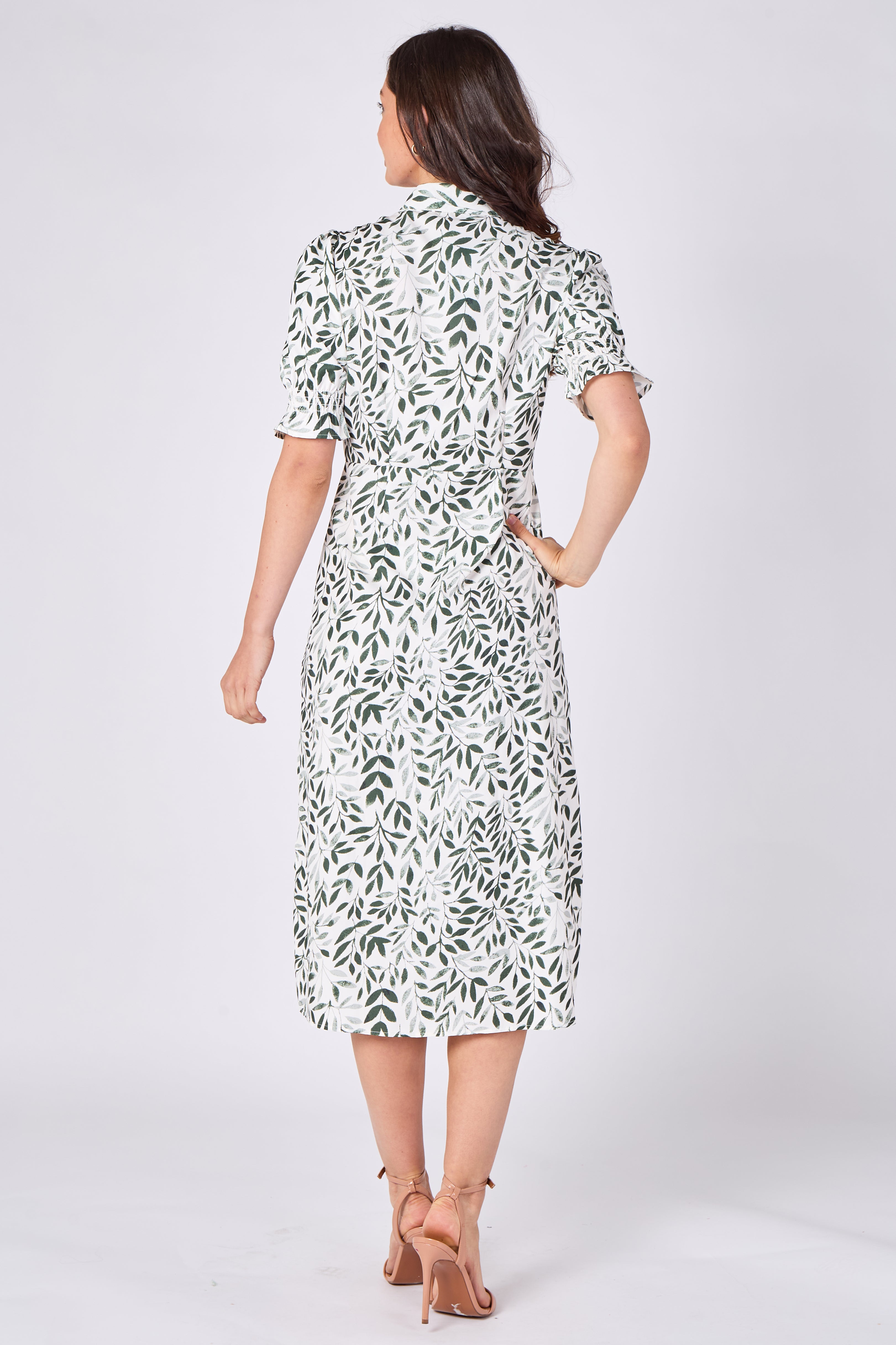 8Pcs Green Leaf Print Tie Waist Midi Dress