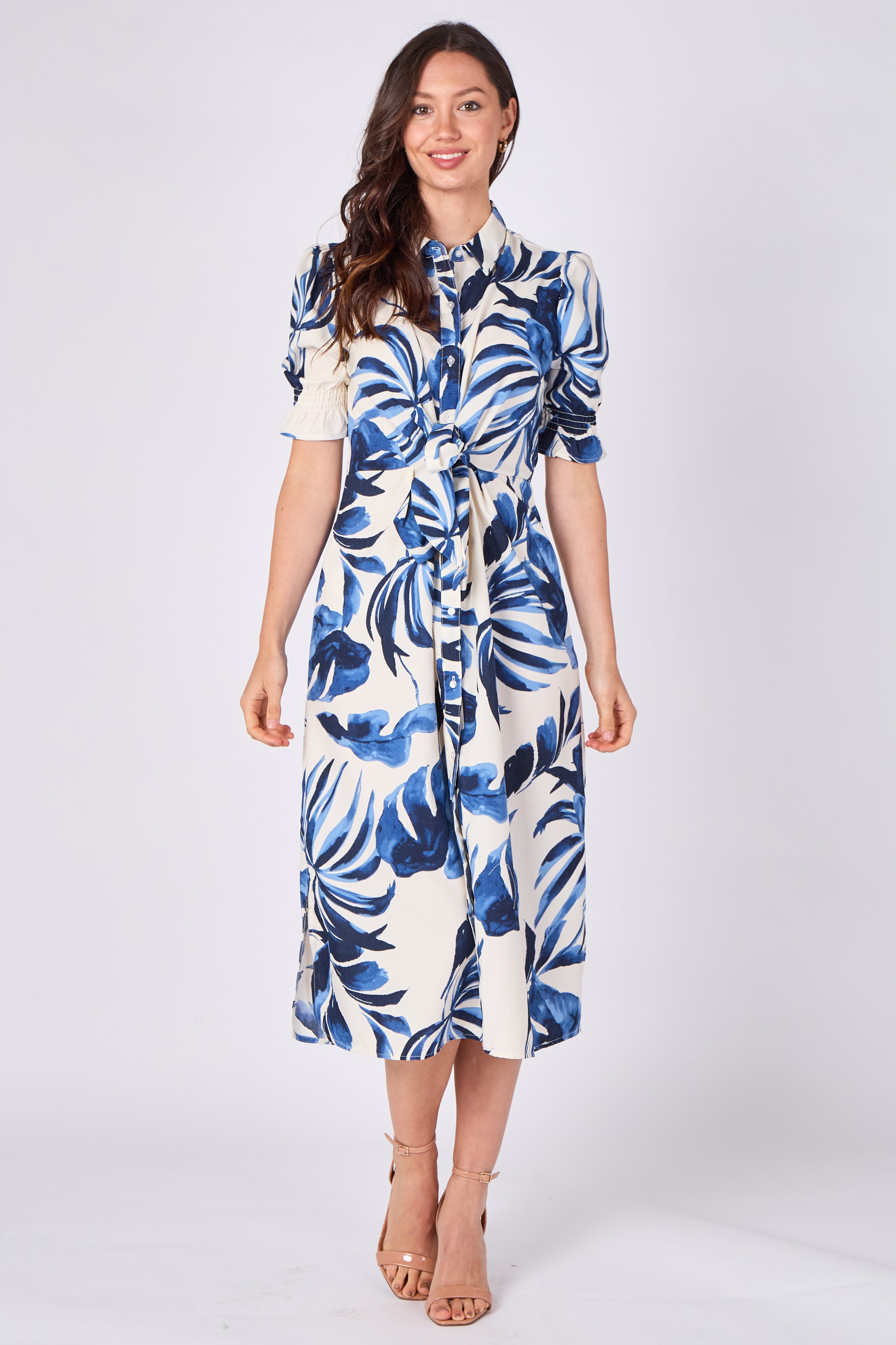 8Pcs Blue Tropical Leaf Print Tie Waist Midi Dress