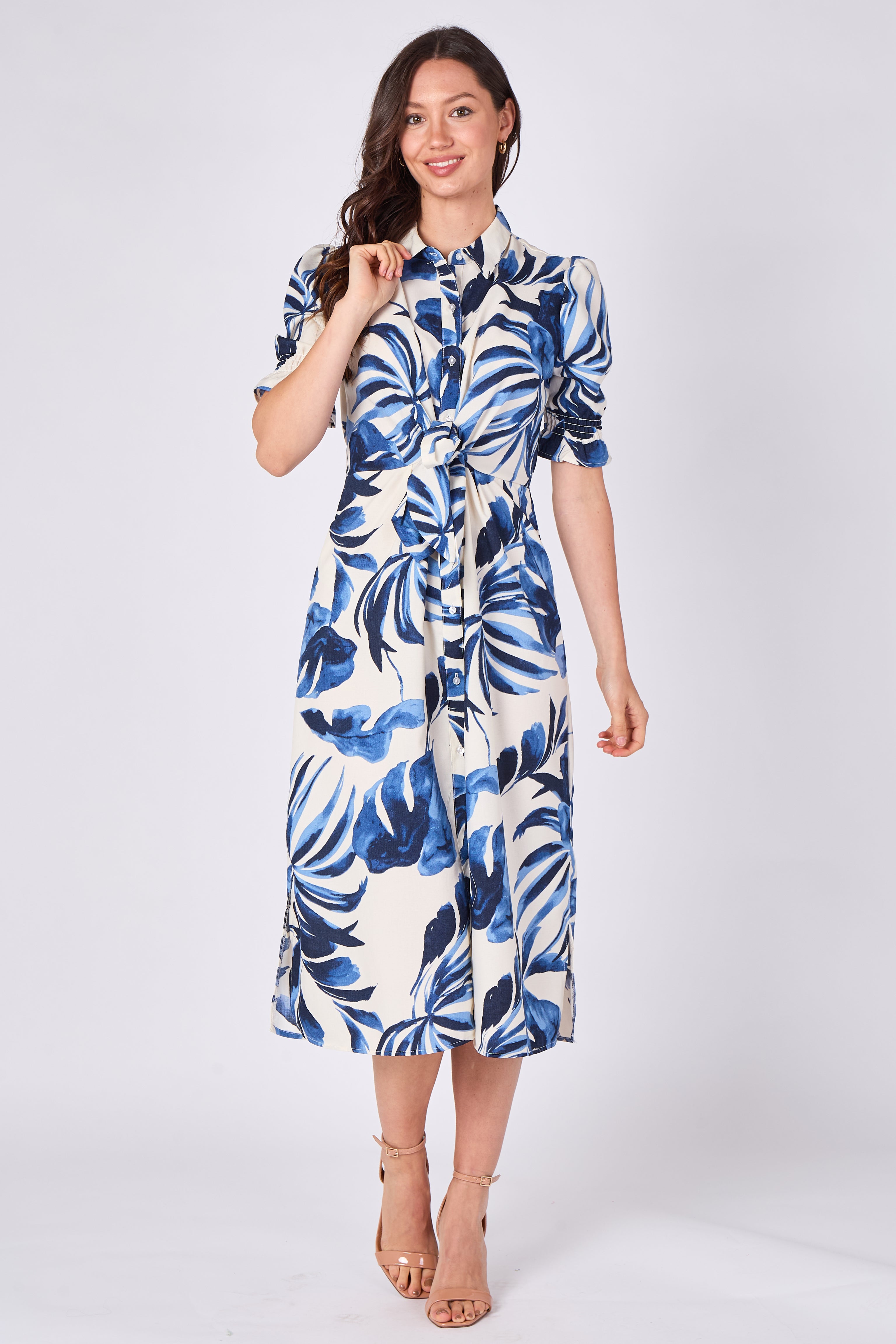 8Pcs Blue Tropical Leaf Print Tie Waist Midi Dress
