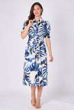 8Pcs Blue Tropical Leaf Print Tie Waist Midi Dress