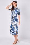 8Pcs Blue Tropical Leaf Print Tie Waist Midi Dress