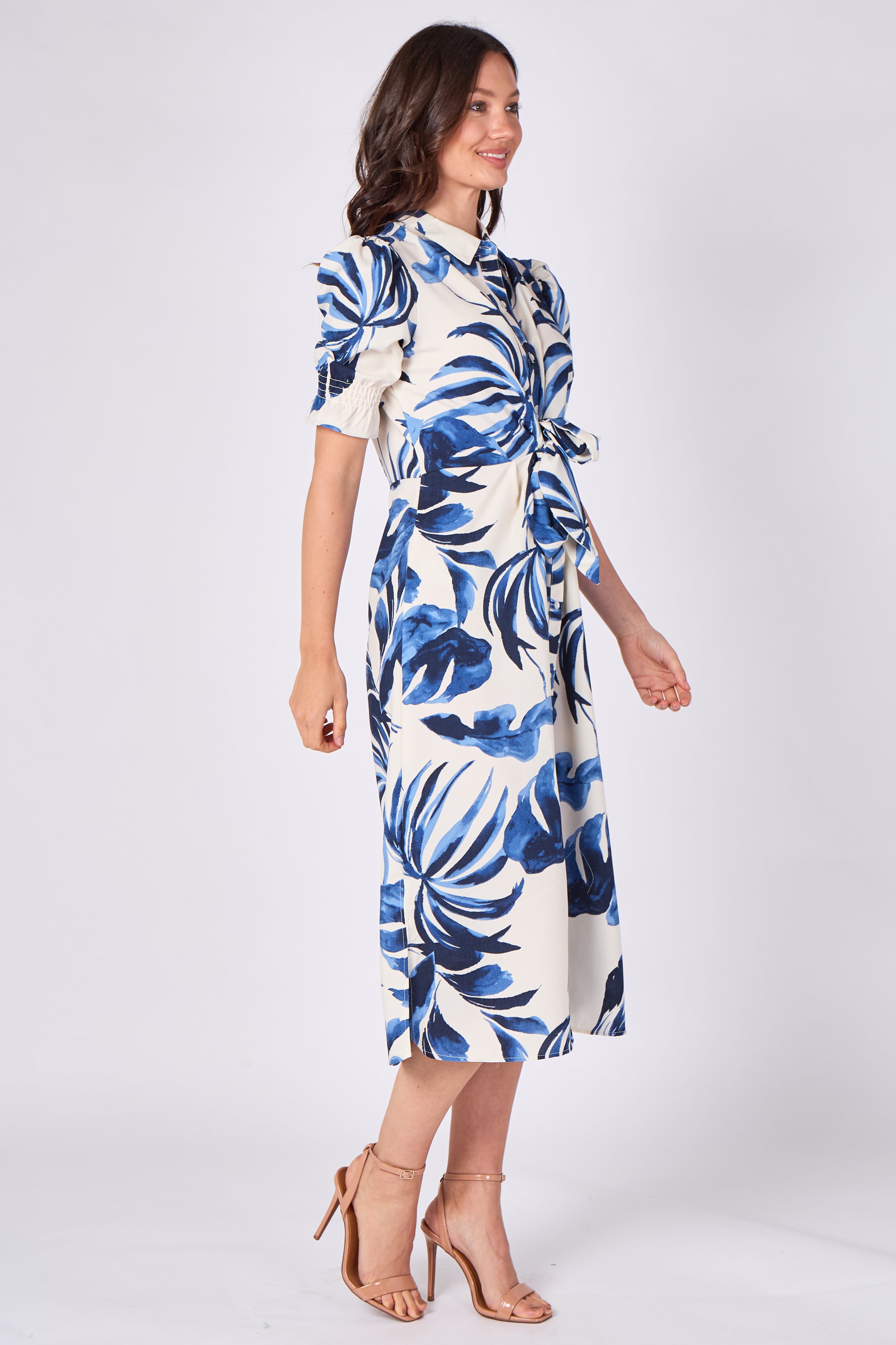 8Pcs Blue Tropical Leaf Print Tie Waist Midi Dress