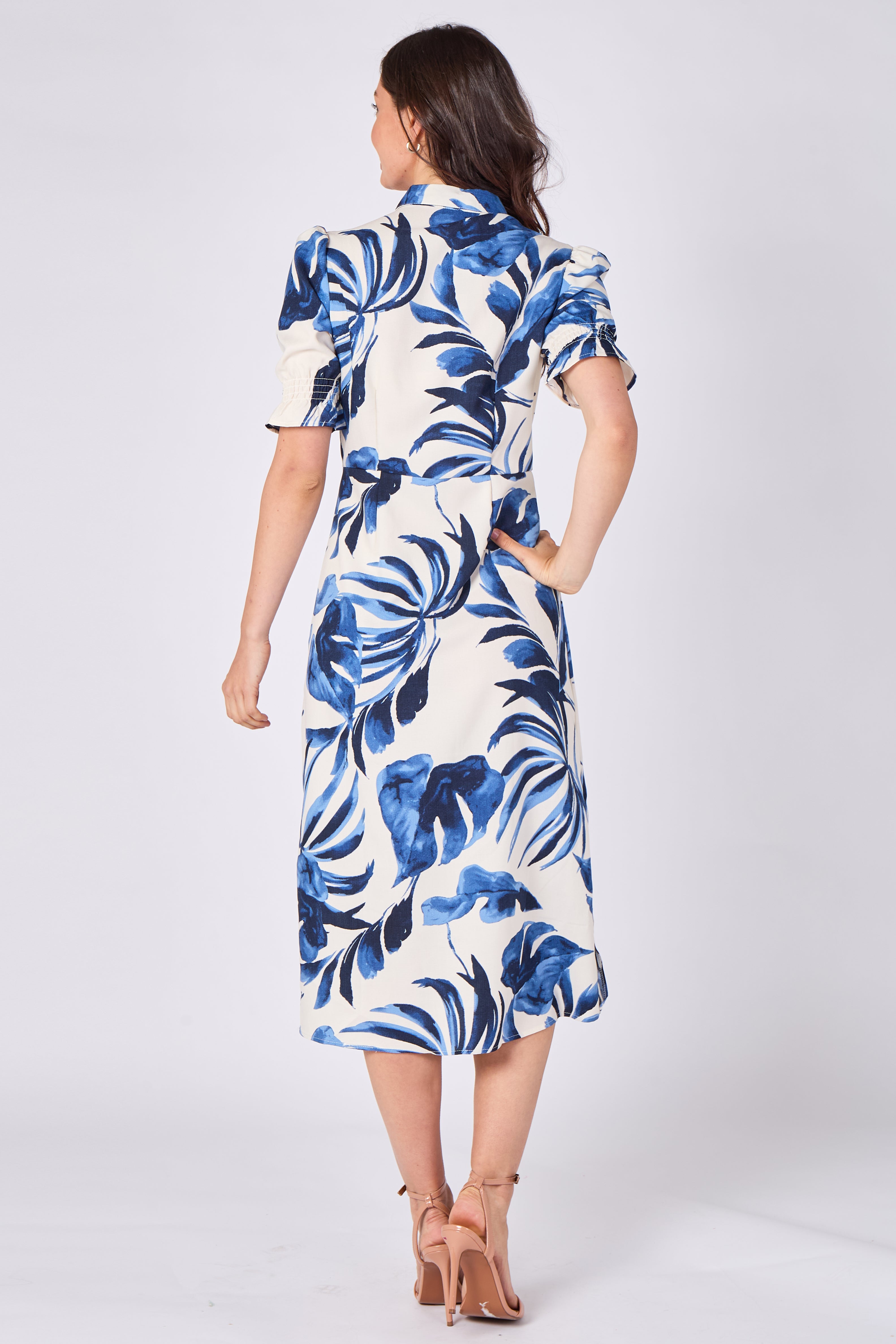 8Pcs Blue Tropical Leaf Print Tie Waist Midi Dress